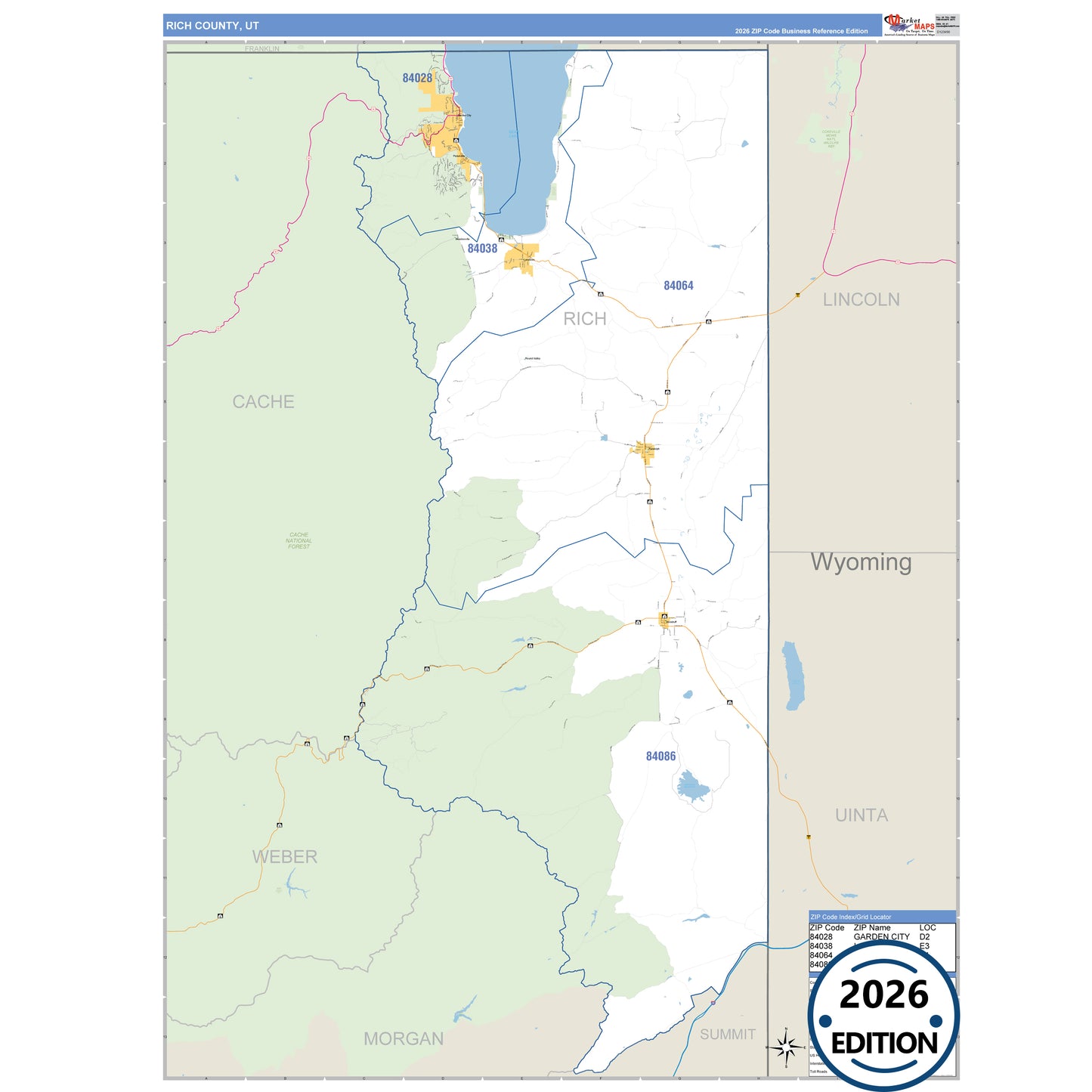 Rich County, UT Business Reference 5 Digit ZIP Code Wall Map