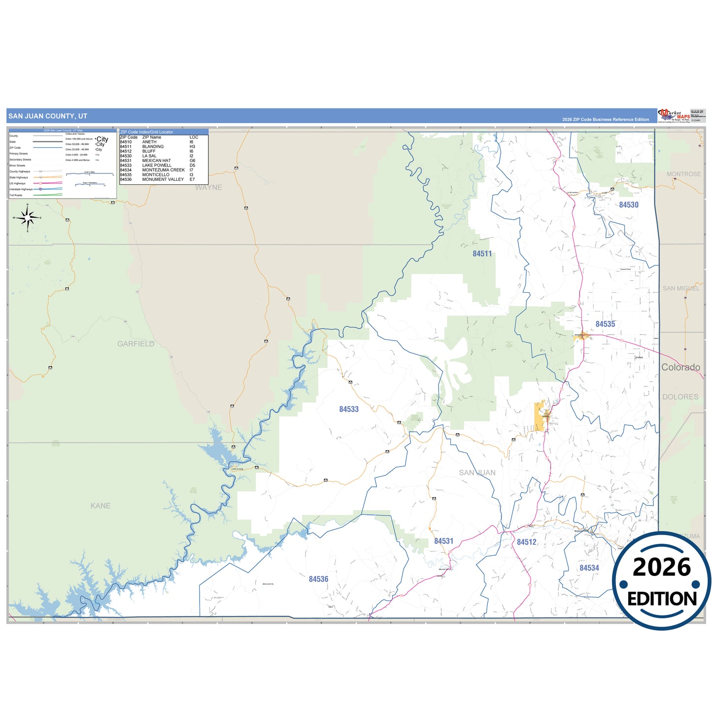 San Juan County, UT Business Reference 5 Digit ZIP Code Wall Map