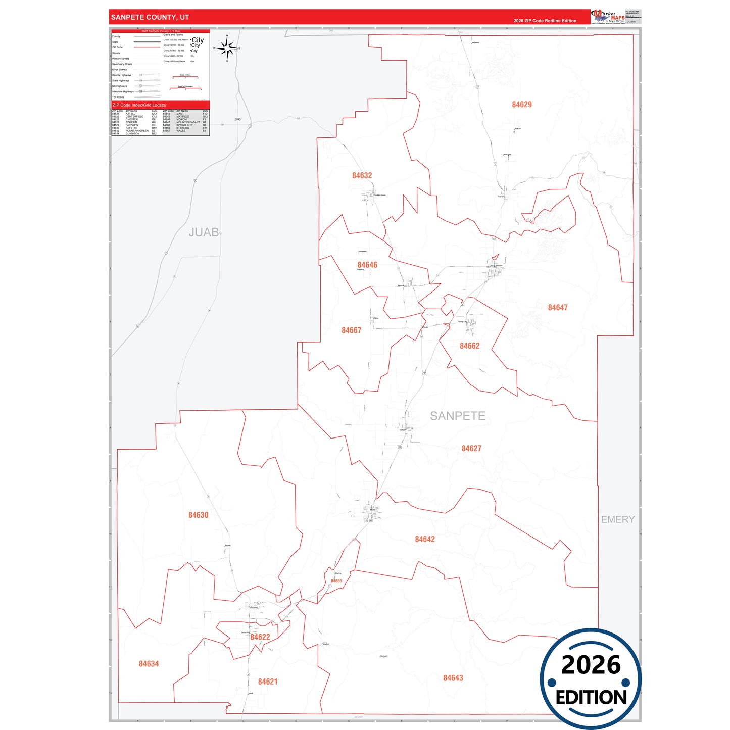 Sanpete County, UT Red Line 5 Digit ZIP Code Wall Map