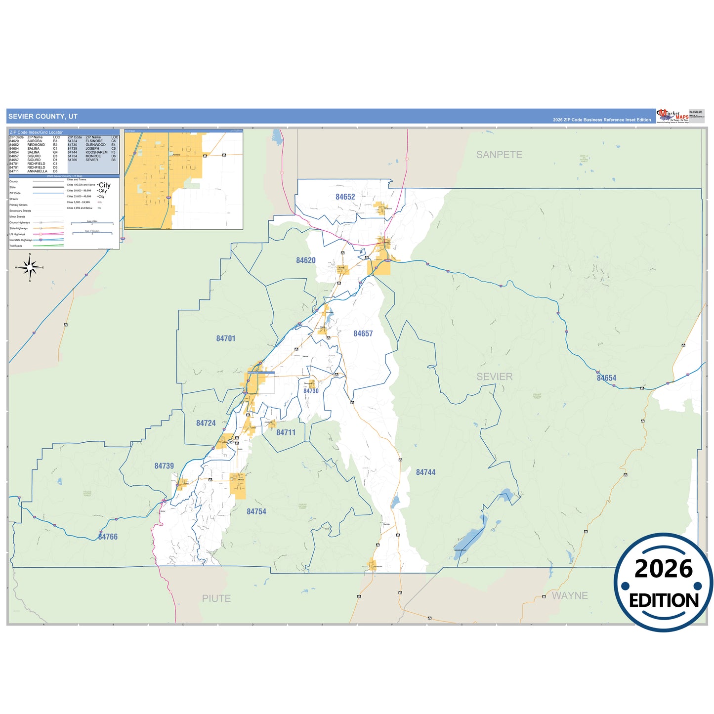 Sevier County, UT Business Reference 5 Digit ZIP Code Wall Map