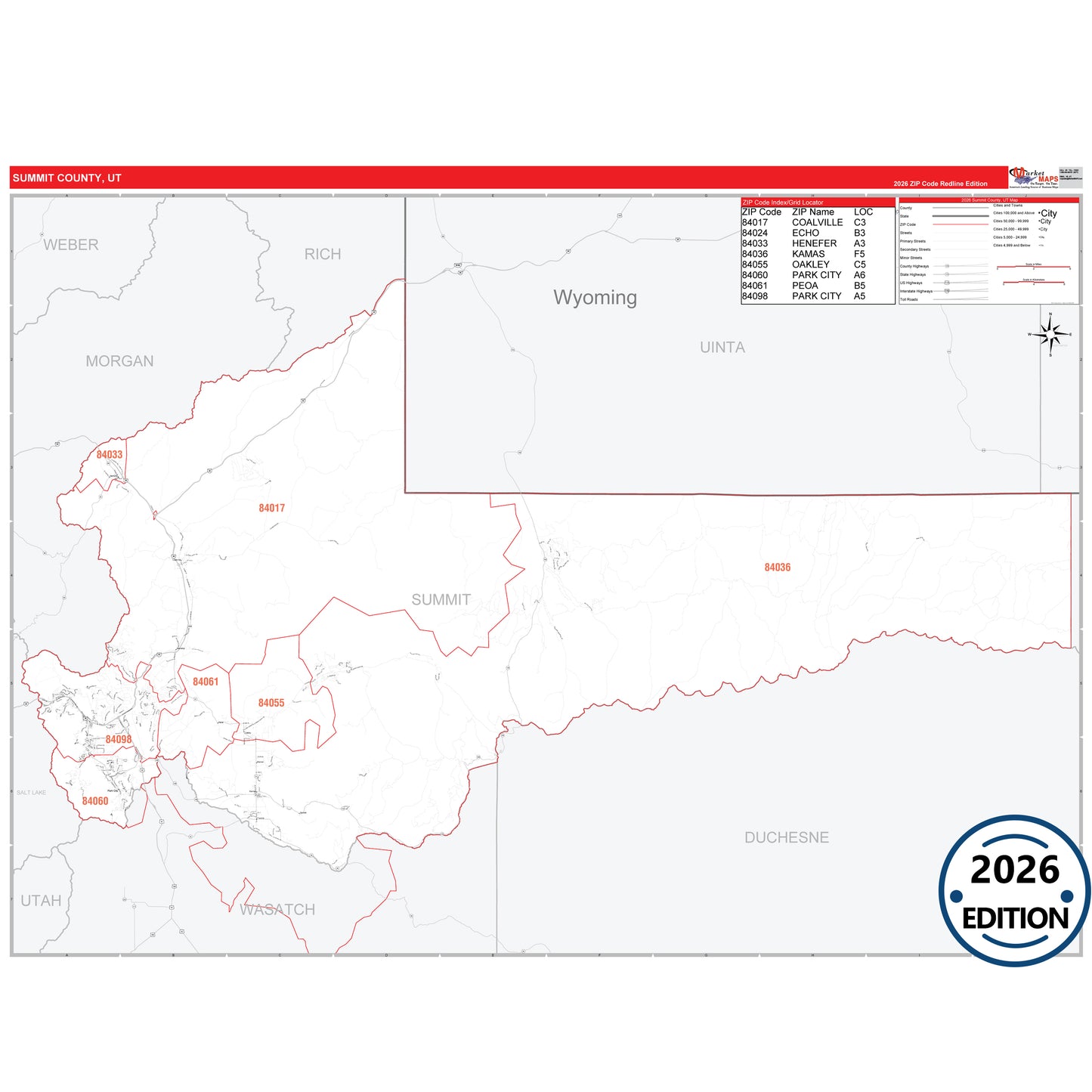 Summit County, UT Red Line 5 Digit ZIP Code Wall Map