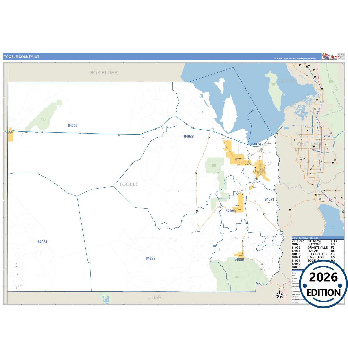 Tooele County, UT Business Reference 5 Digit ZIP Code Wall Map