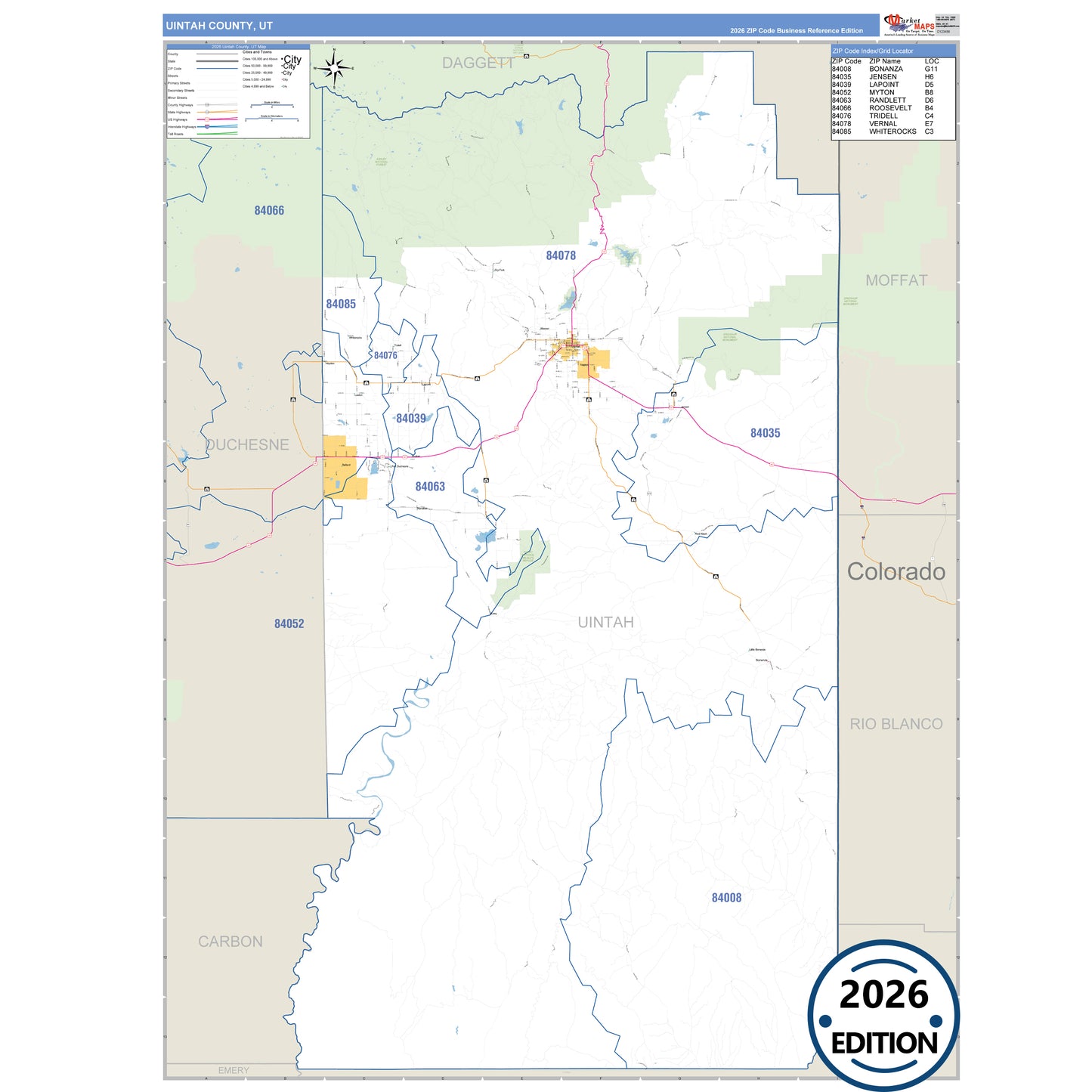 Uintah County, UT Business Reference 5 Digit ZIP Code Wall Map