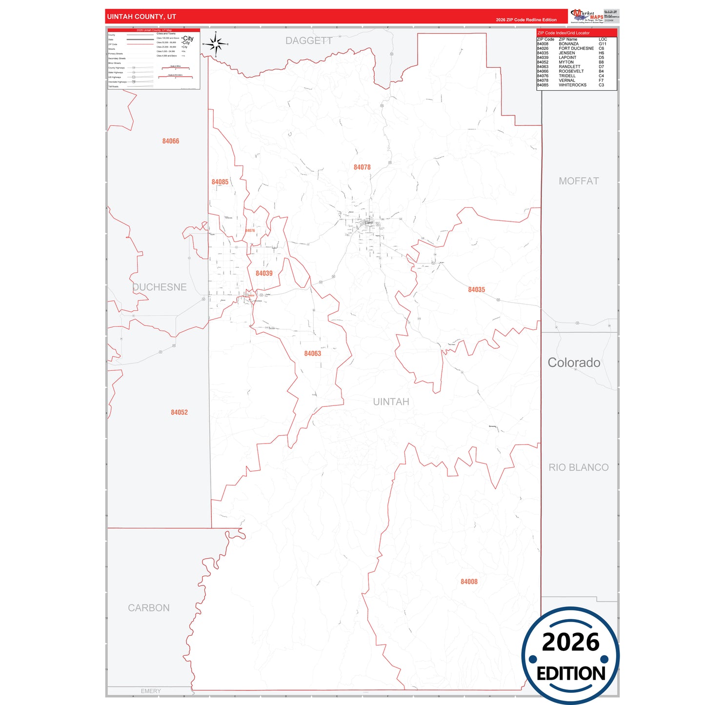 Uintah County, UT Red Line 5 Digit ZIP Code Wall Map