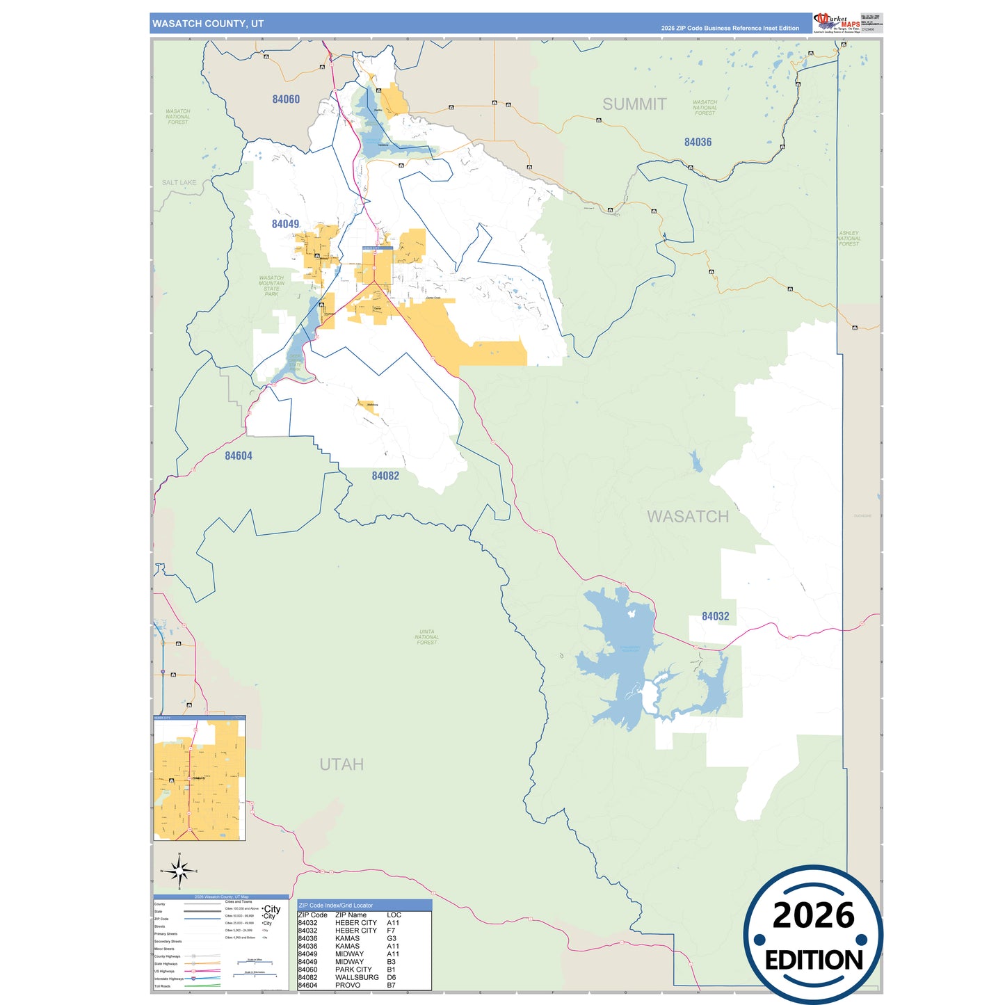 Wasatch County, UT Business Reference 5 Digit ZIP Code Wall Map