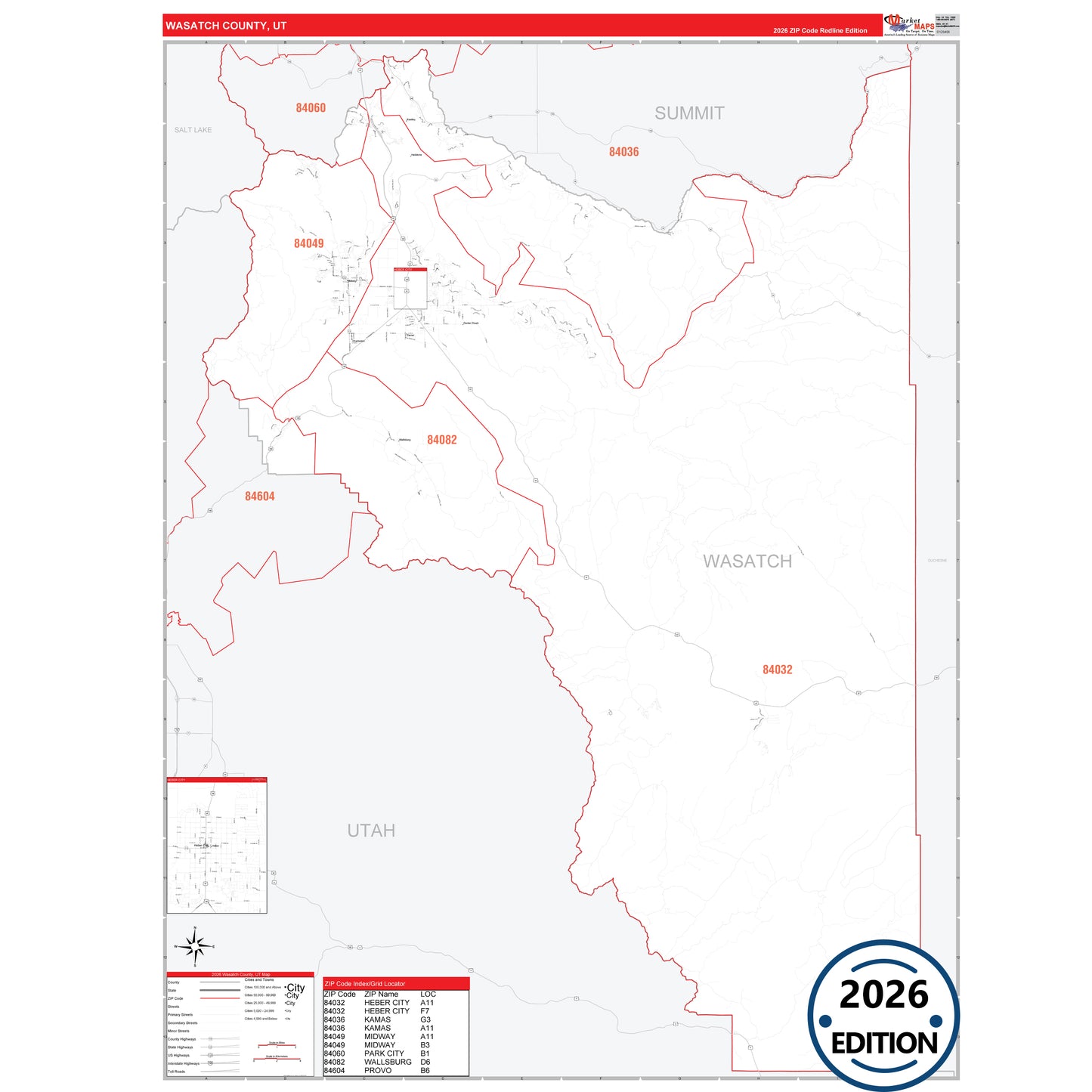 Wasatch County, UT Red Line 5 Digit ZIP Code Wall Map