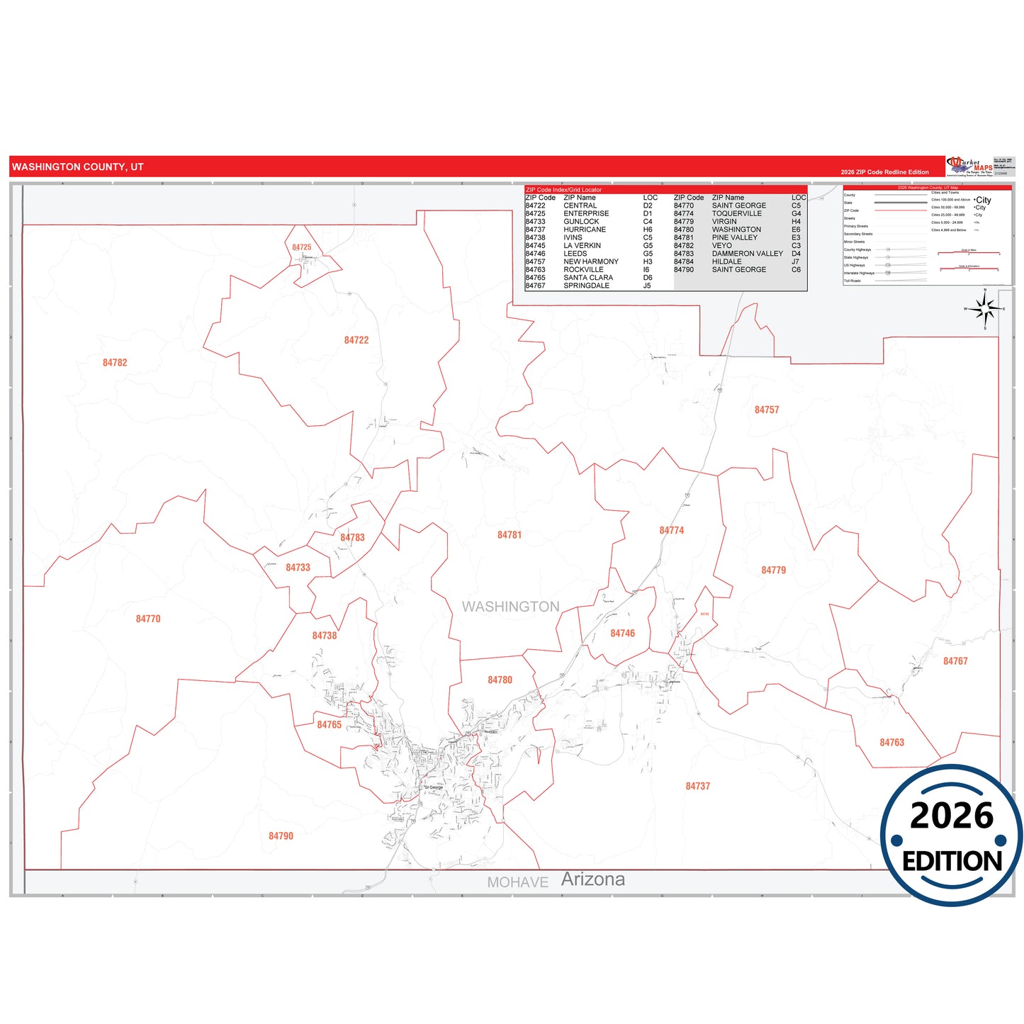 Washington County, UT Red Line 5 Digit ZIP Code Wall Map