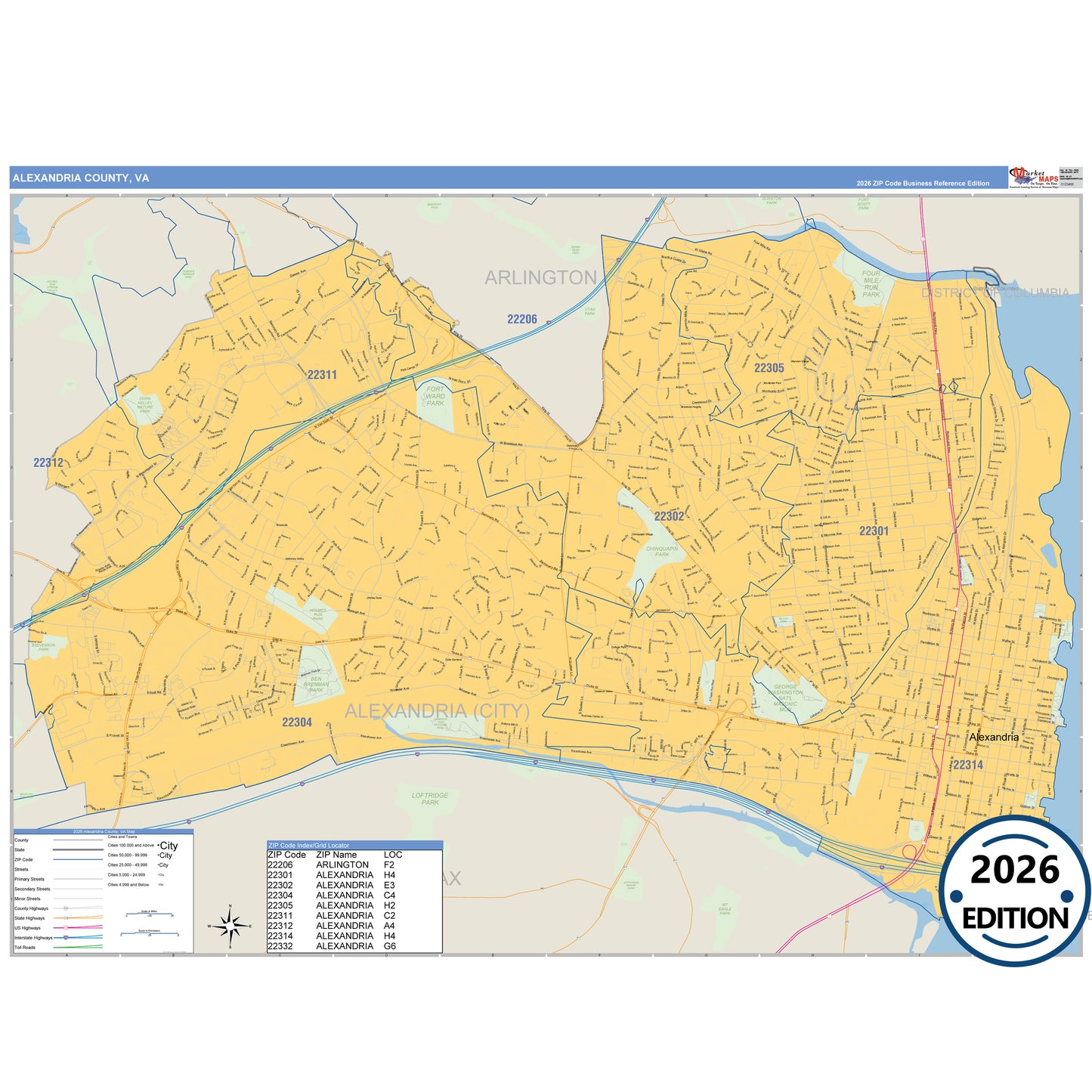 Alexandria County, VA Business Reference 5 Digit ZIP Code Wall Map