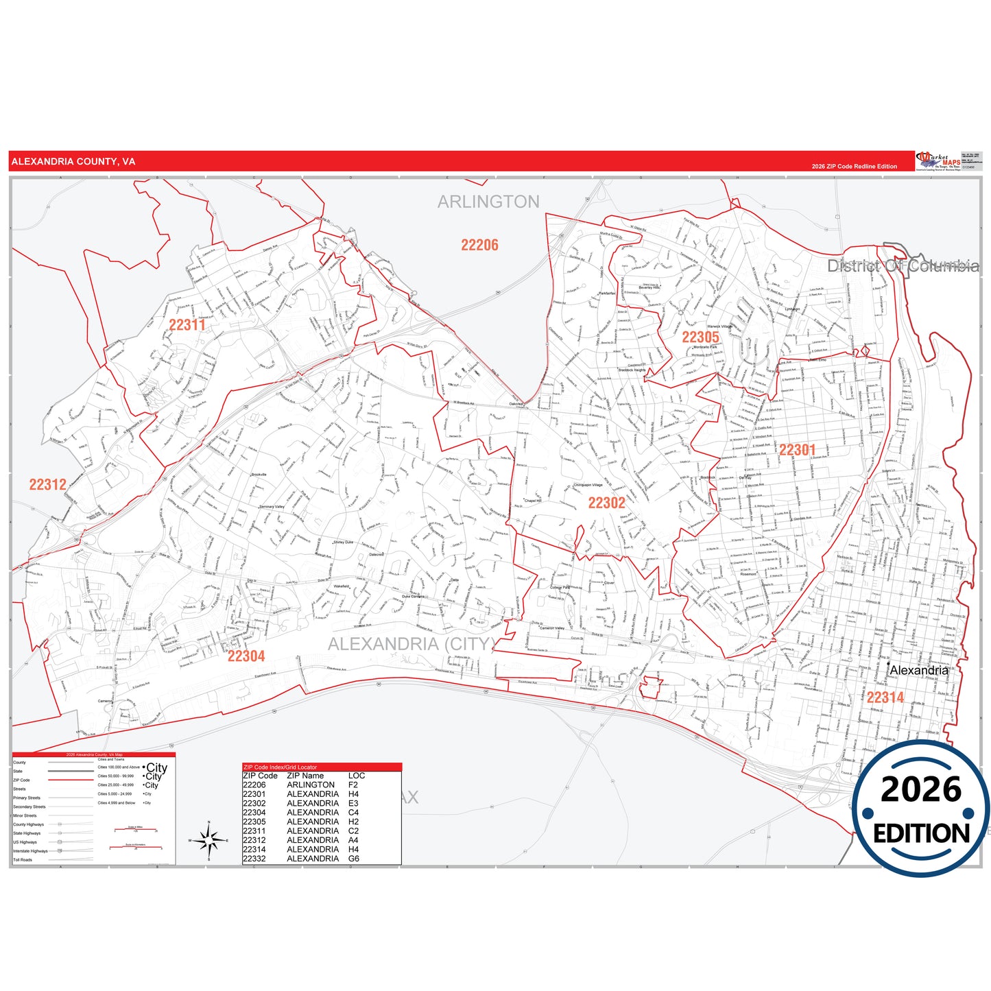 Alexandria County, VA Red Line 5 Digit ZIP Code Wall Map