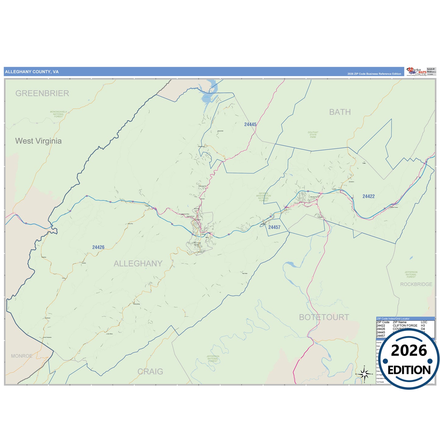 Alleghany County, VA Business Reference 5 Digit ZIP Code Wall Map