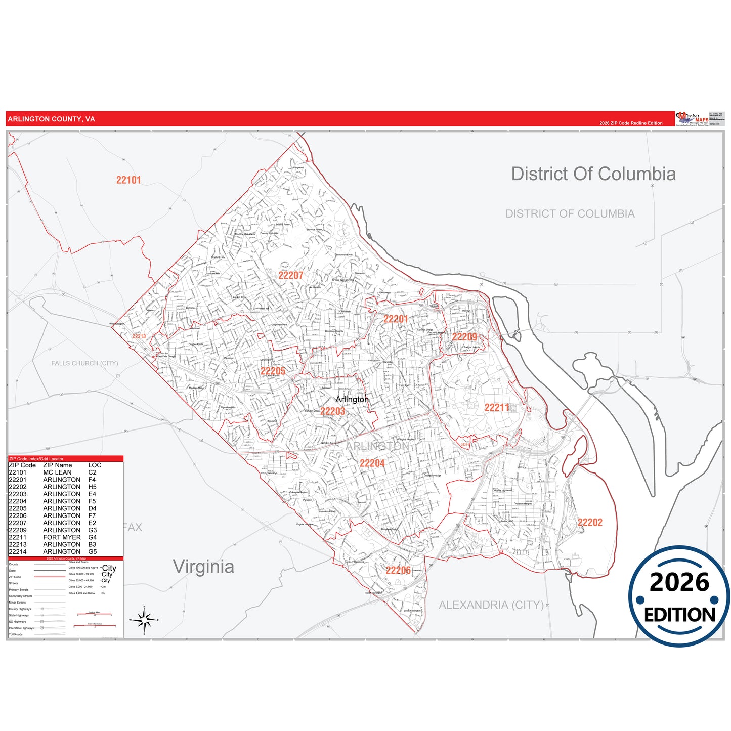 Arlington County, VA Red Line 5 Digit ZIP Code Wall Map