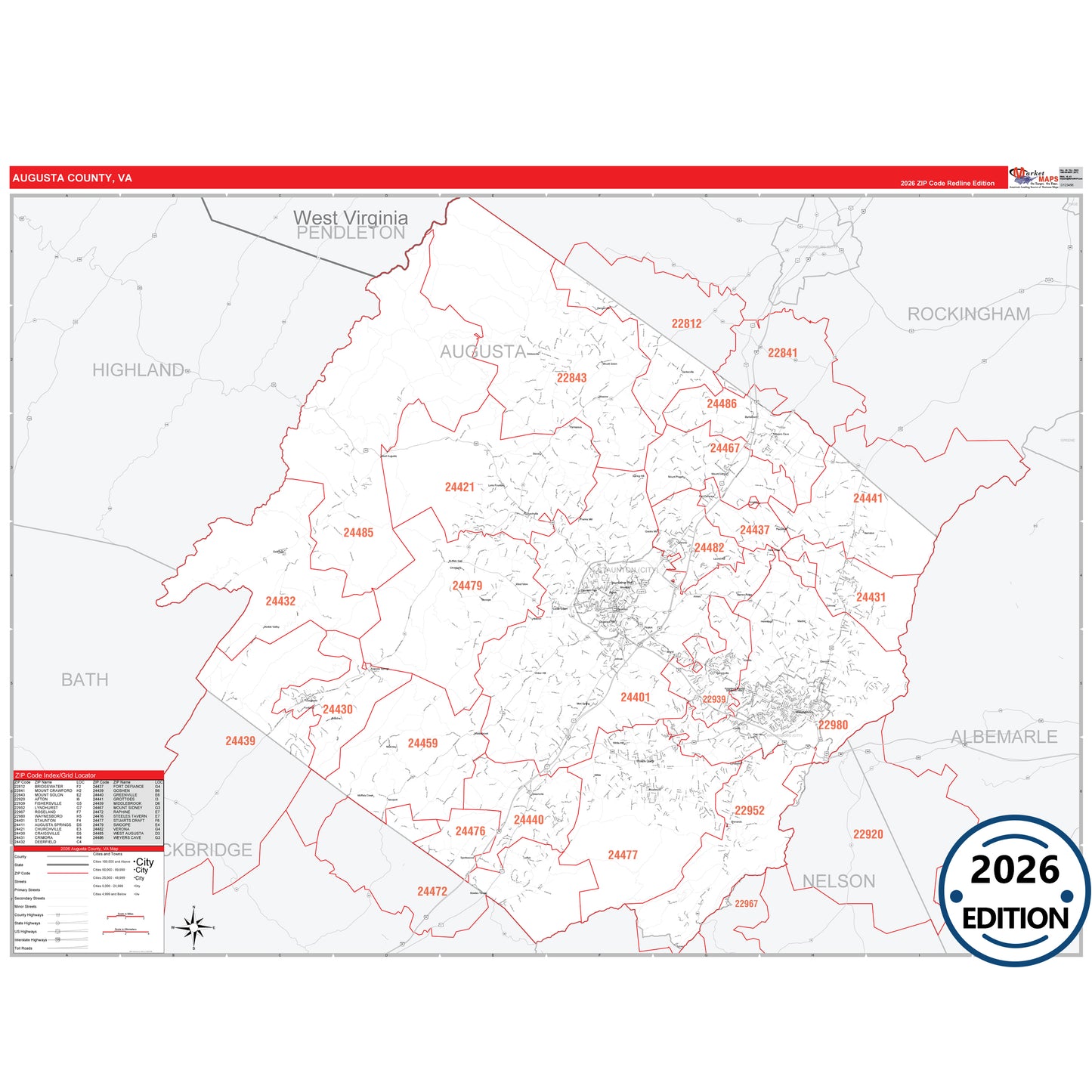 Augusta County, VA Red Line 5 Digit ZIP Code Wall Map
