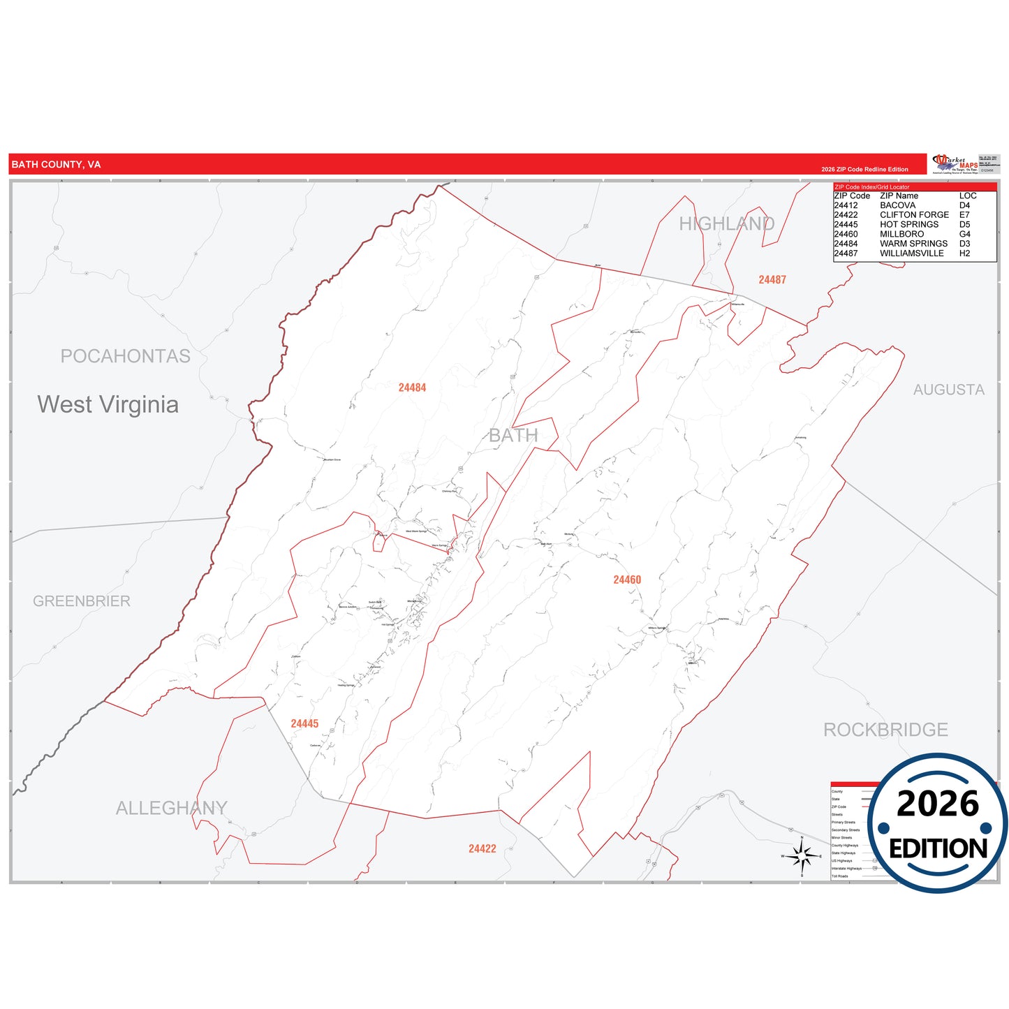 Bath County, VA Red Line 5 Digit ZIP Code Wall Map