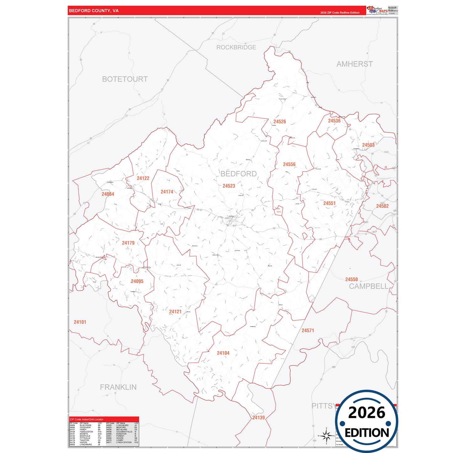 Bedford County, VA Red Line 5 Digit ZIP Code Wall Map