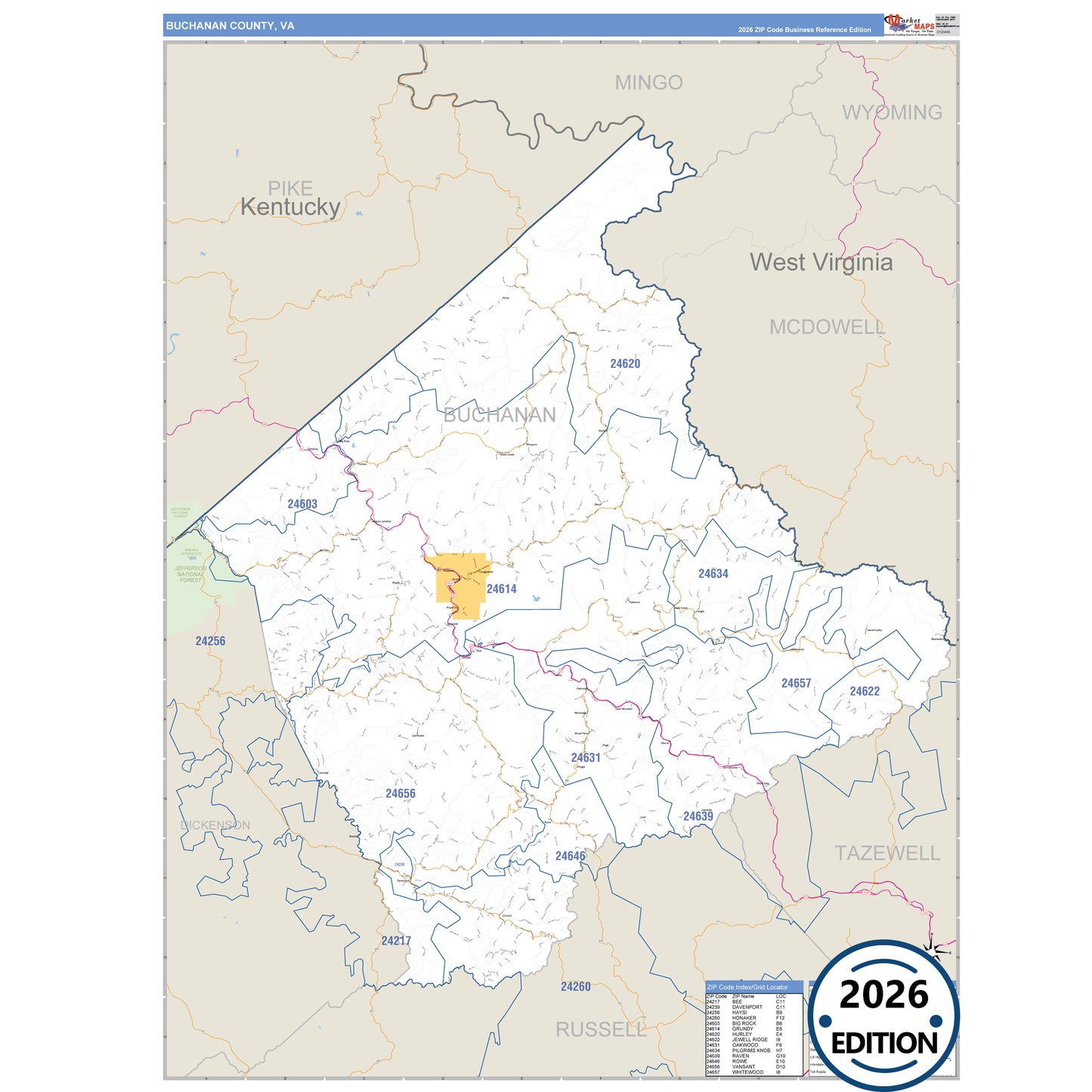 Buchanan County, VA Business Reference 5 Digit ZIP Code Wall Map