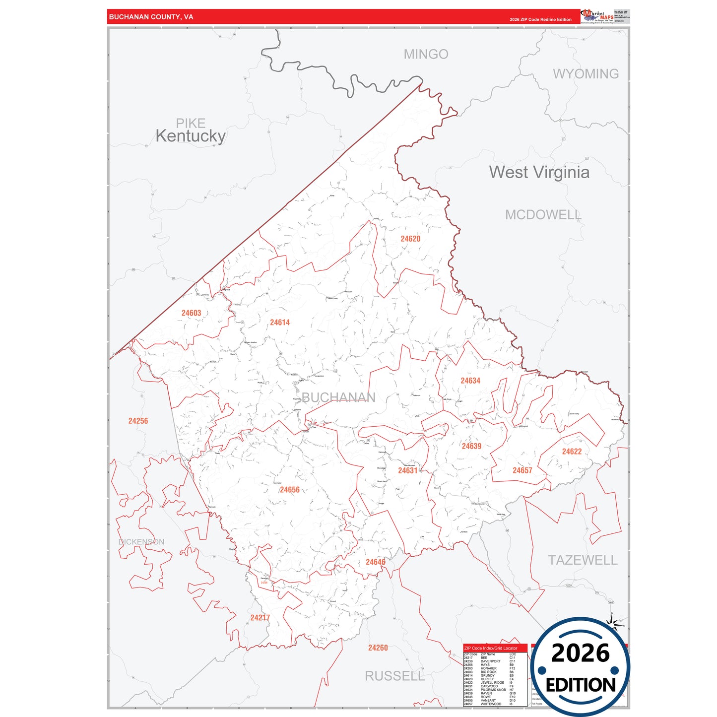 Buchanan County, VA Red Line 5 Digit ZIP Code Wall Map