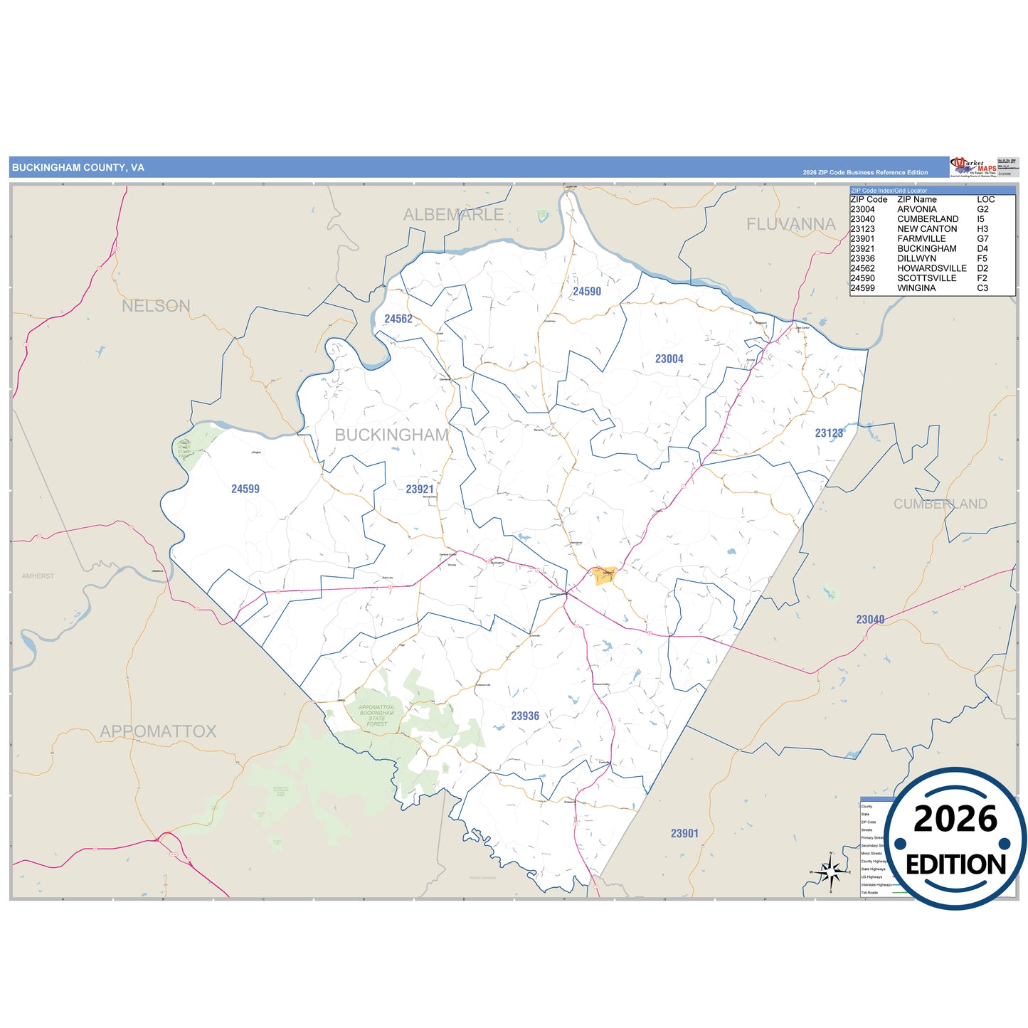 Buckingham County, VA Business Reference 5 Digit ZIP Code Wall Map