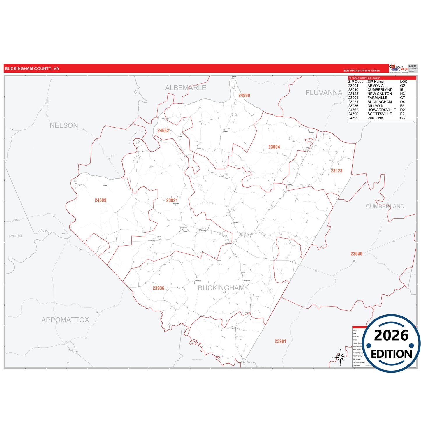 Buckingham County, VA Red Line 5 Digit ZIP Code Wall Map