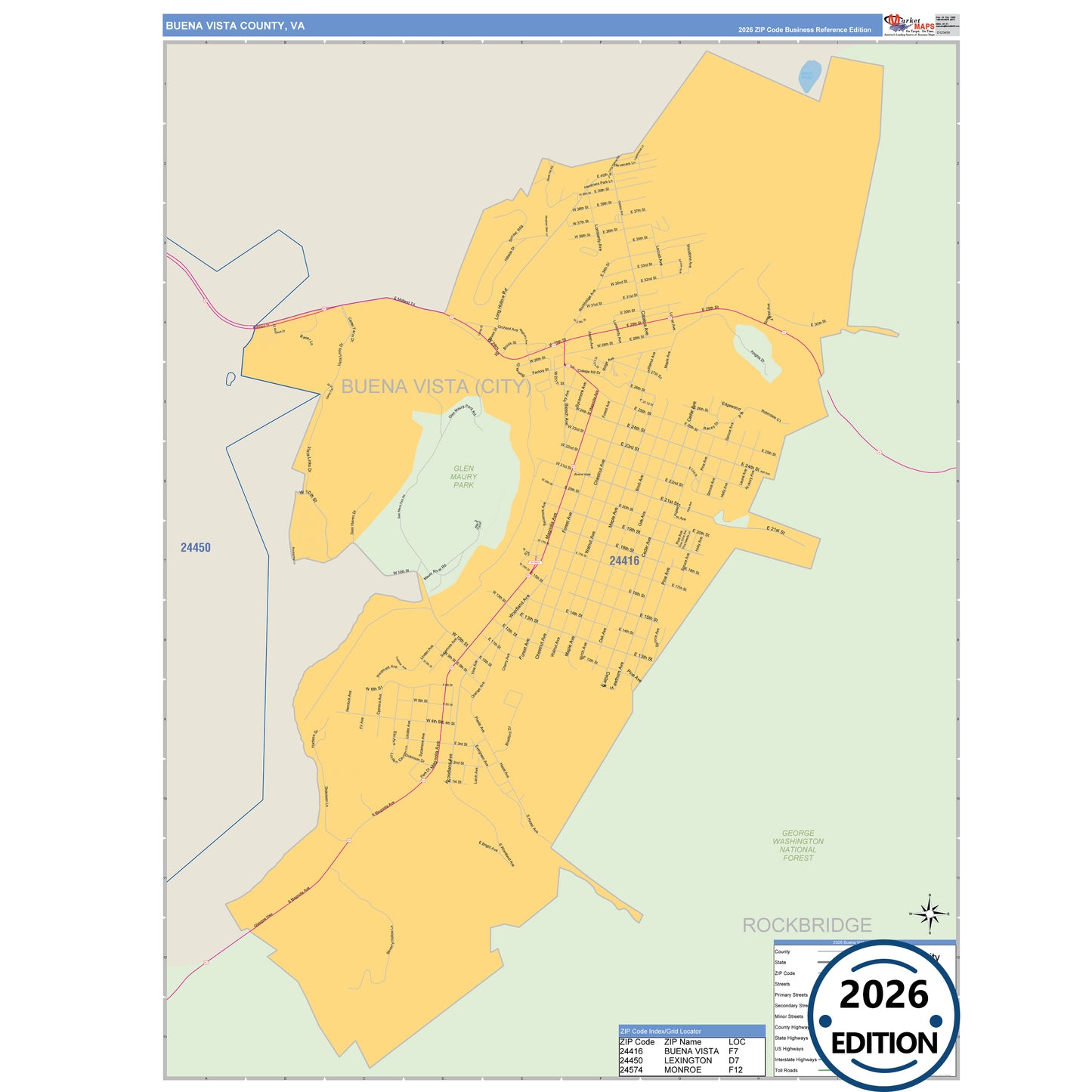 Buena Vista County, VA Business Reference 5 Digit ZIP Code Wall Map