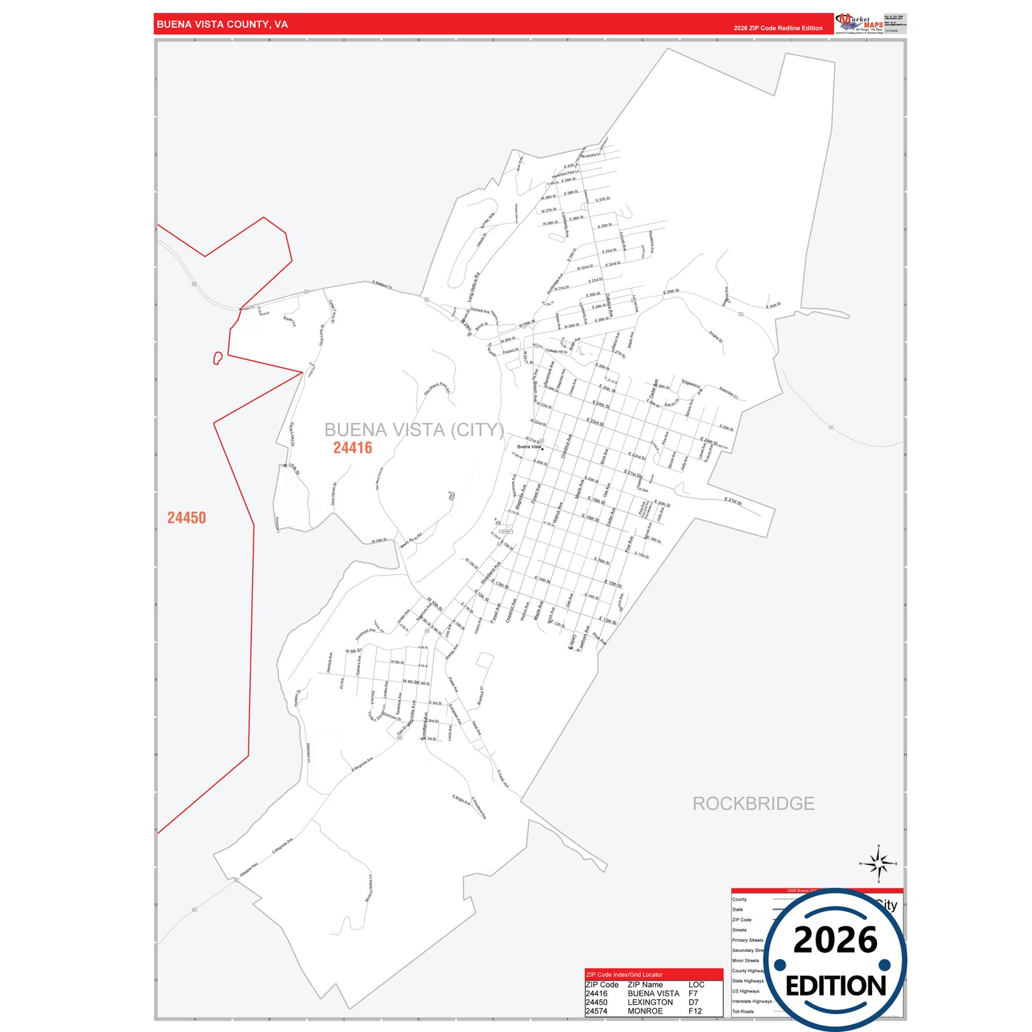 Buena Vista County, VA Red Line 5 Digit ZIP Code Wall Map