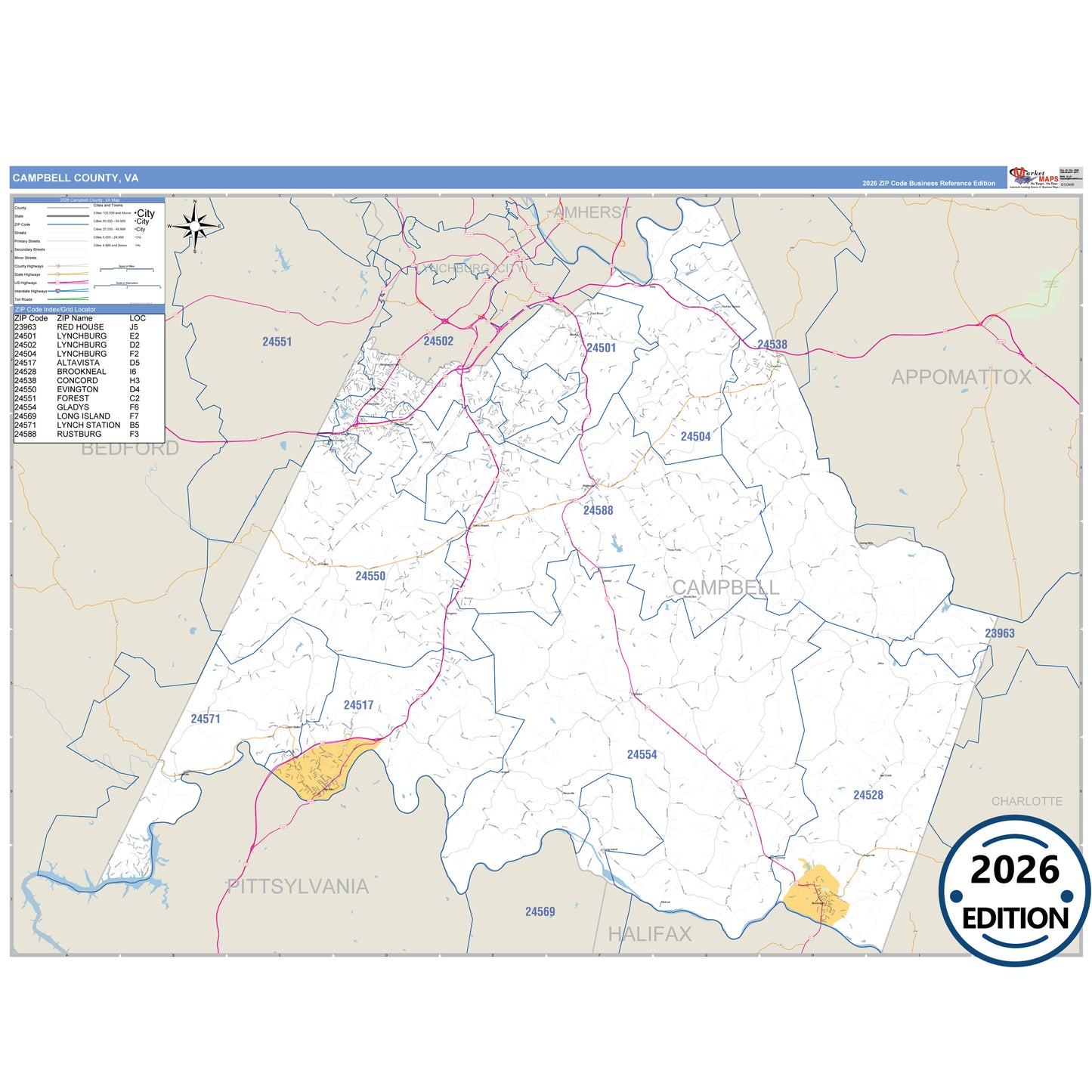 Campbell County, VA Business Reference 5 Digit ZIP Code Wall Map