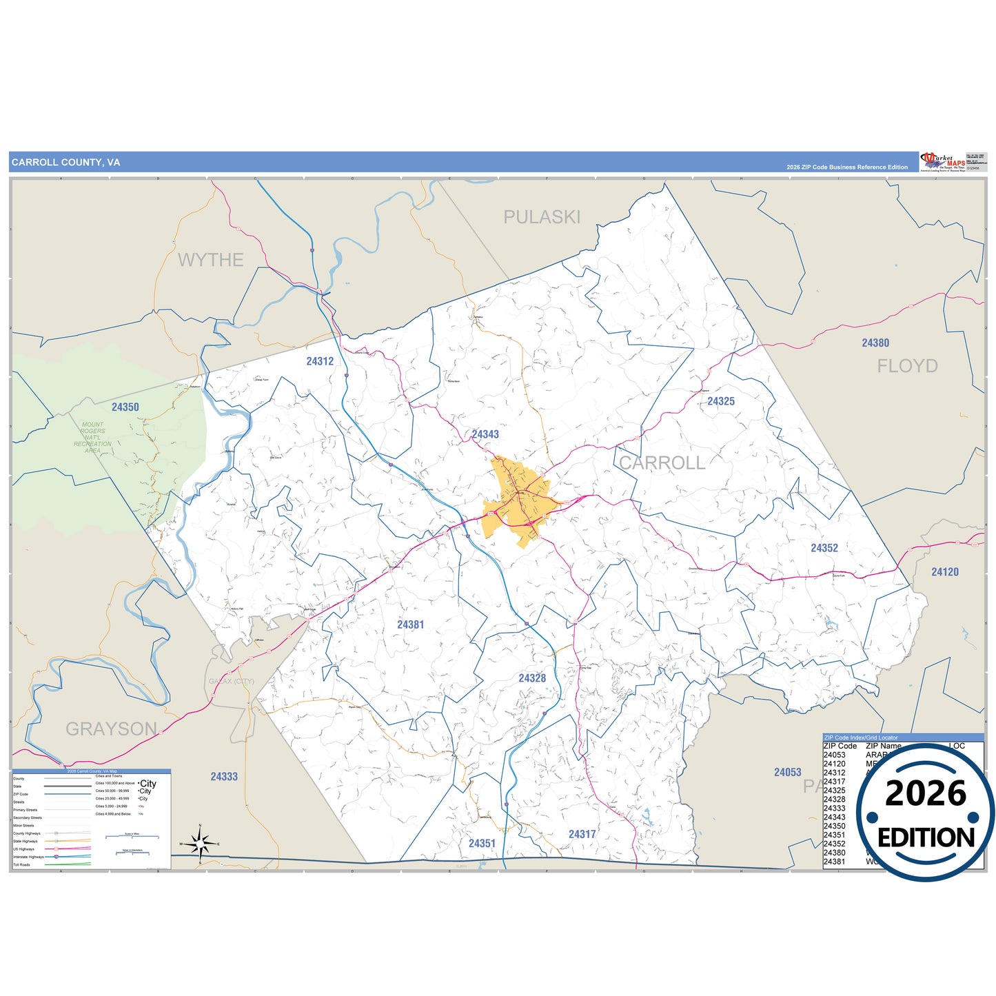 Carroll County, VA Business Reference 5 Digit ZIP Code Wall Map