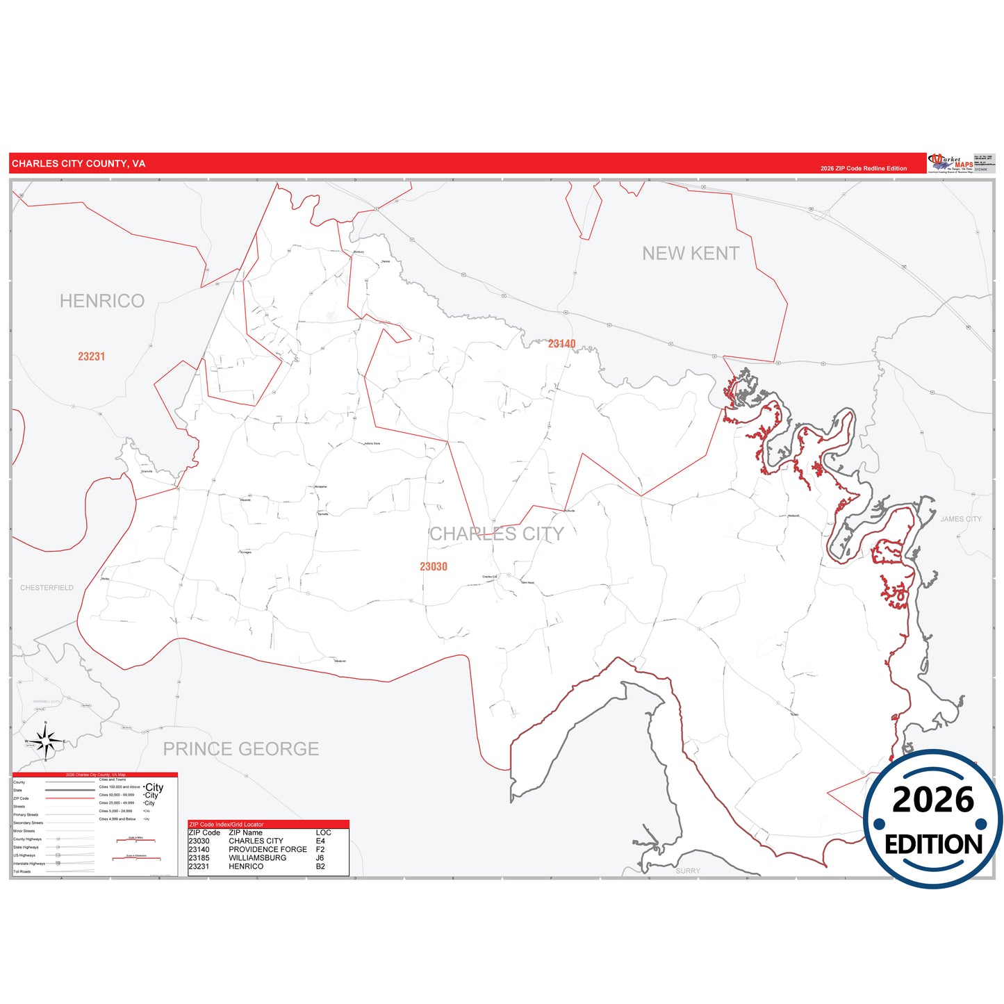 Charles City County, VA Red Line 5 Digit ZIP Code Wall Map
