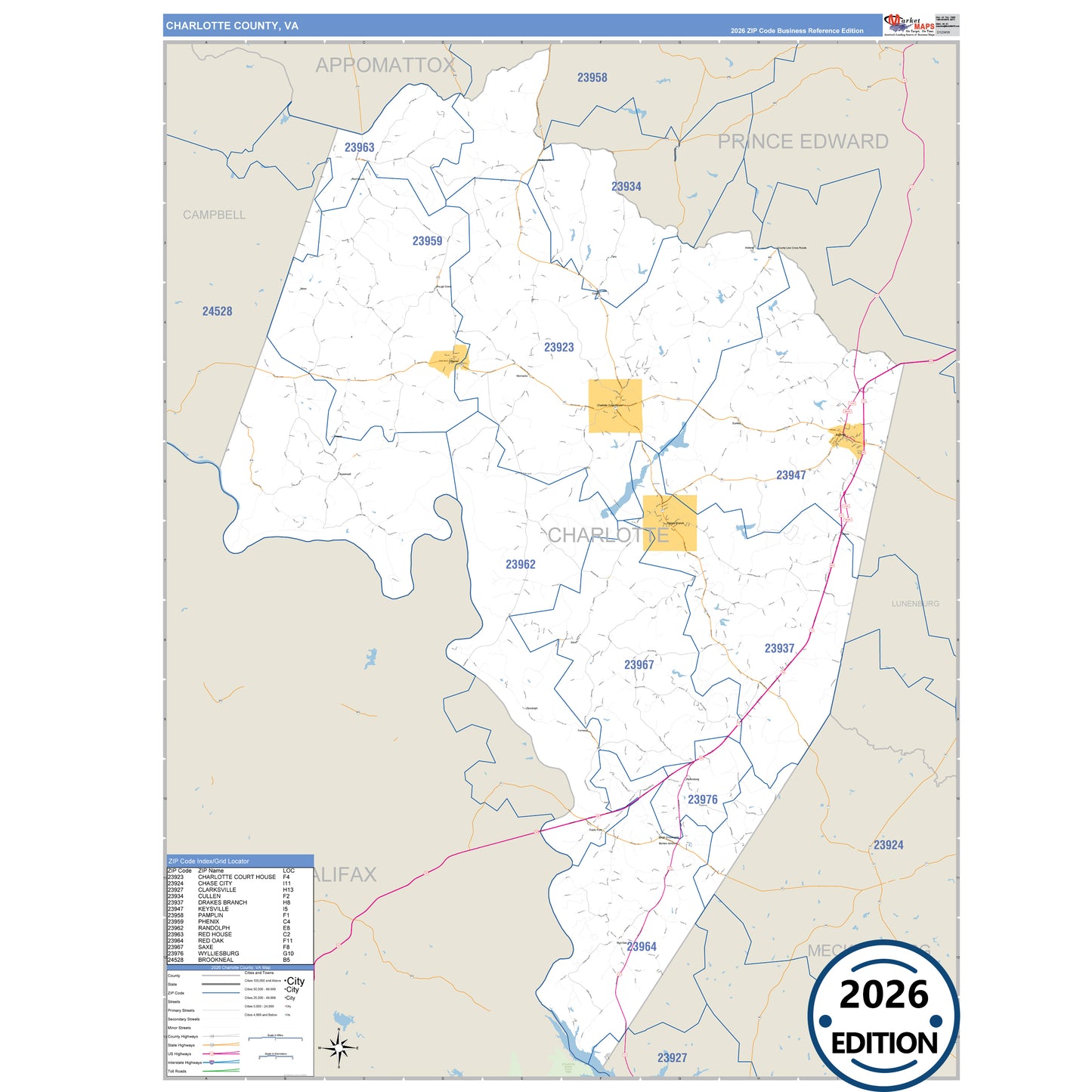 Charlotte County, VA Business Reference 5 Digit ZIP Code Wall Map