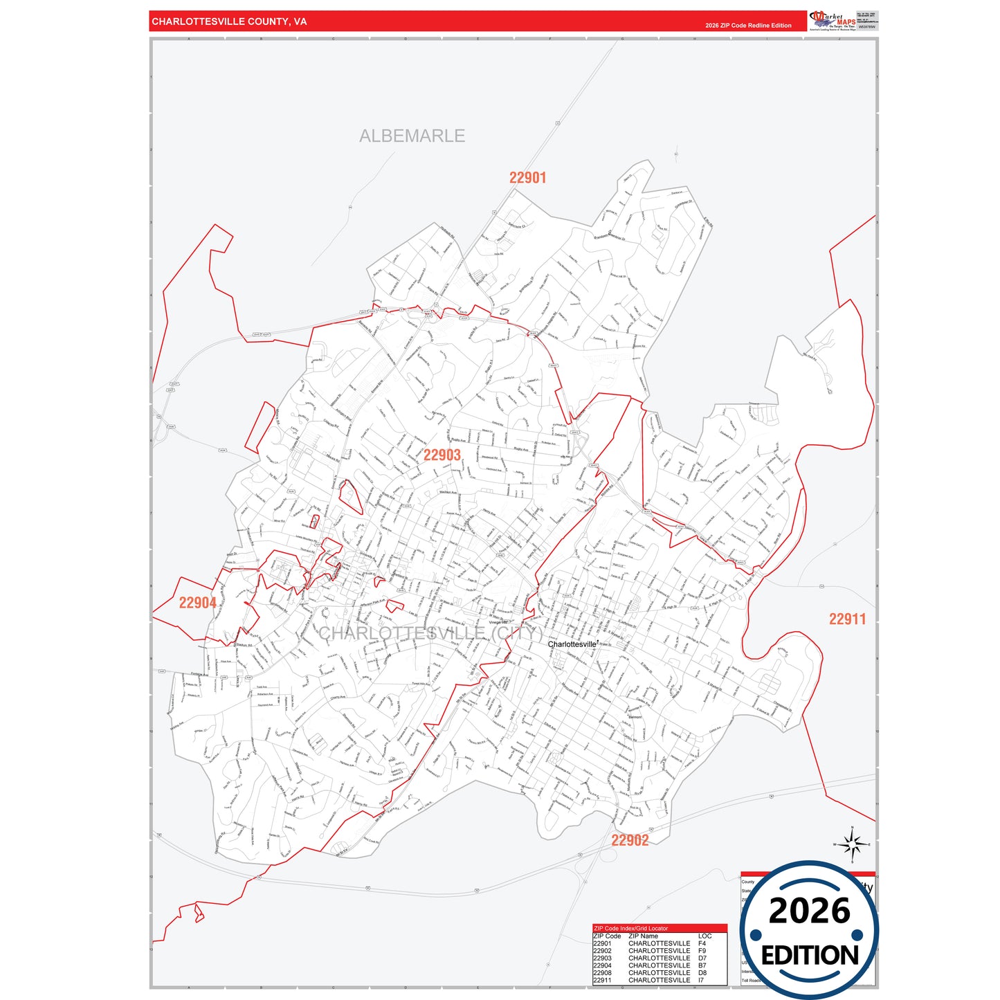 Charlottesville County, VA Red Line 5 Digit ZIP Code Wall Map
