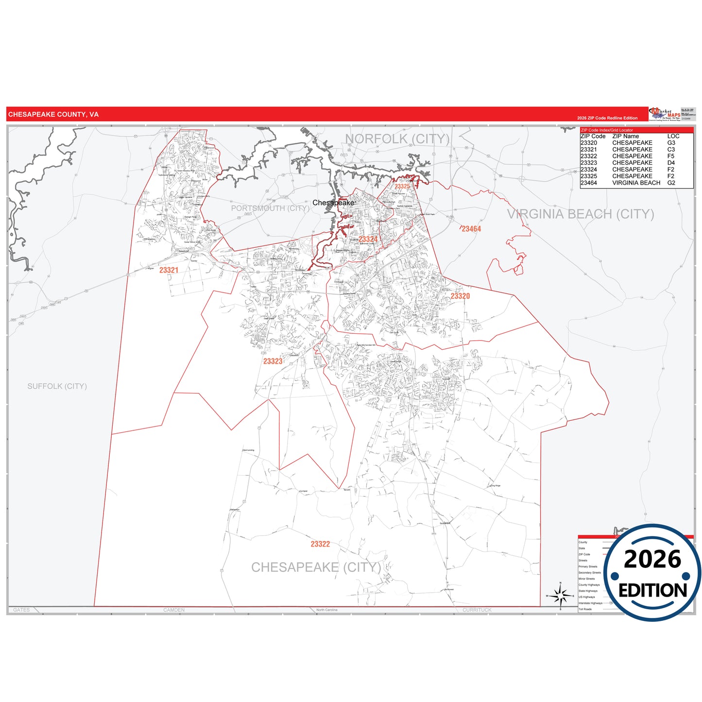Chesapeake County, VA Red Line 5 Digit ZIP Code Wall Map