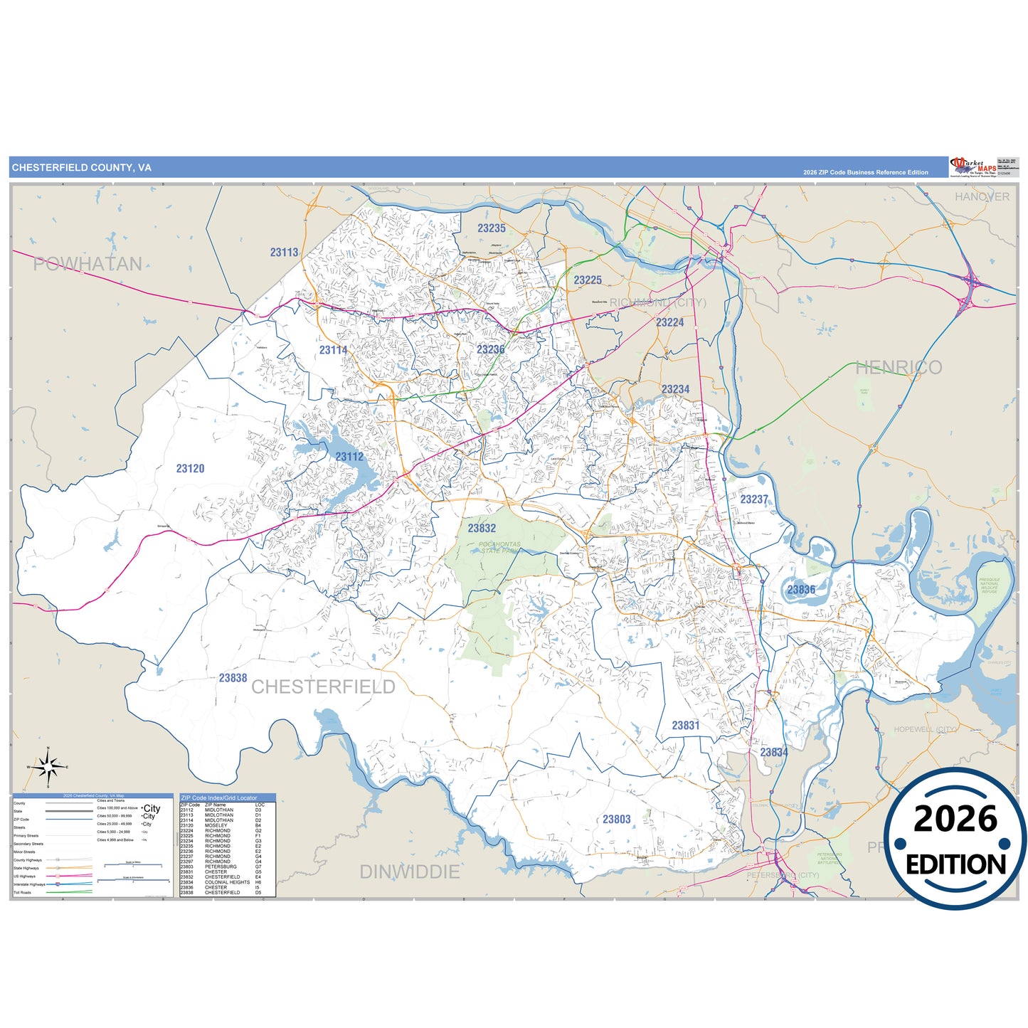 Chesterfield County, VA Business Reference 5 Digit ZIP Code Wall Map