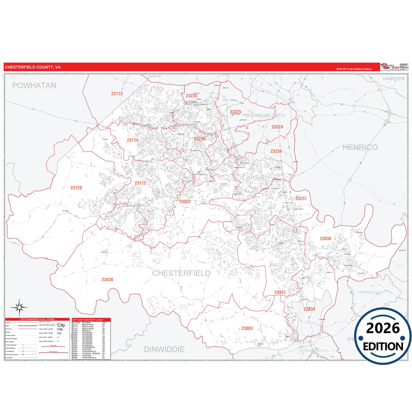 Chesterfield County, VA Red Line 5 Digit ZIP Code Wall Map