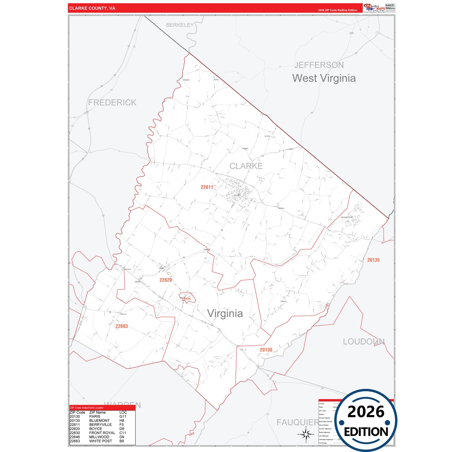 Clarke County, VA Red Line 5 Digit ZIP Code Wall Map