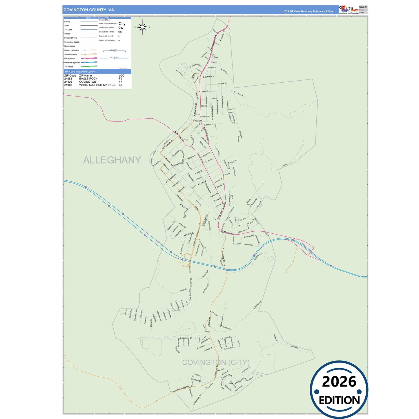 Covington County, VA Business Reference 5 Digit ZIP Code Wall Map