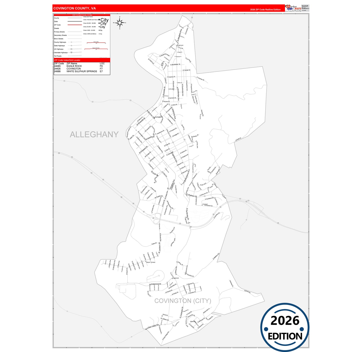 Covington County, VA Red Line 5 Digit ZIP Code Wall Map