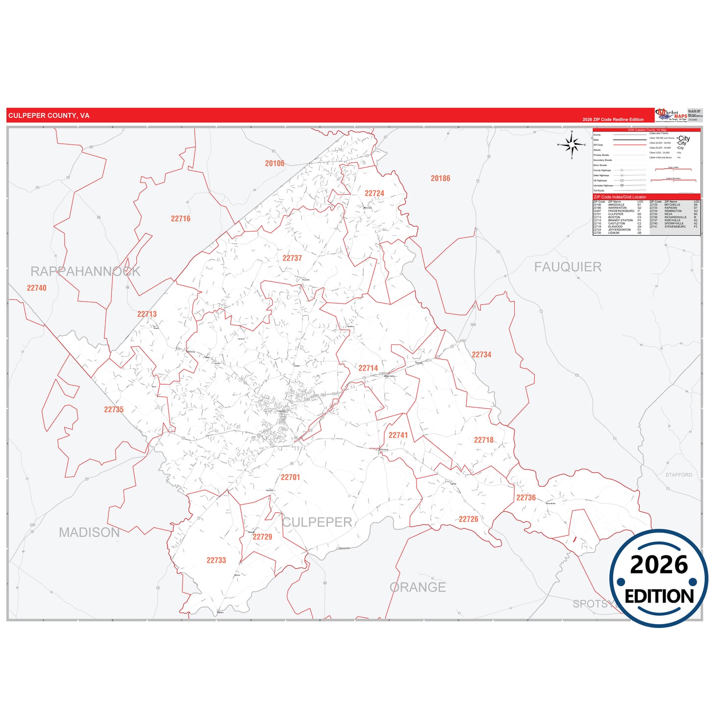 Culpeper County, VA Red Line 5 Digit ZIP Code Wall Map