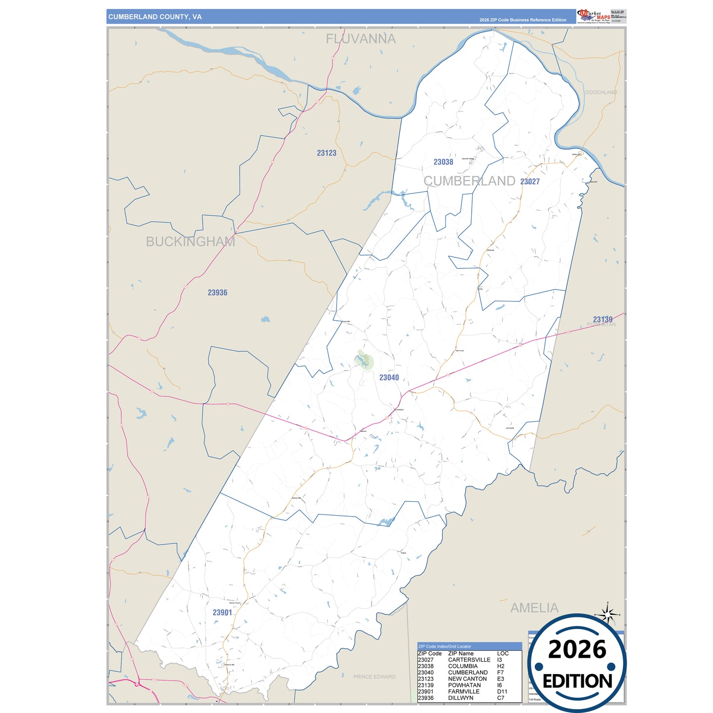 Cumberland County, VA Business Reference 5 Digit ZIP Code Wall Map