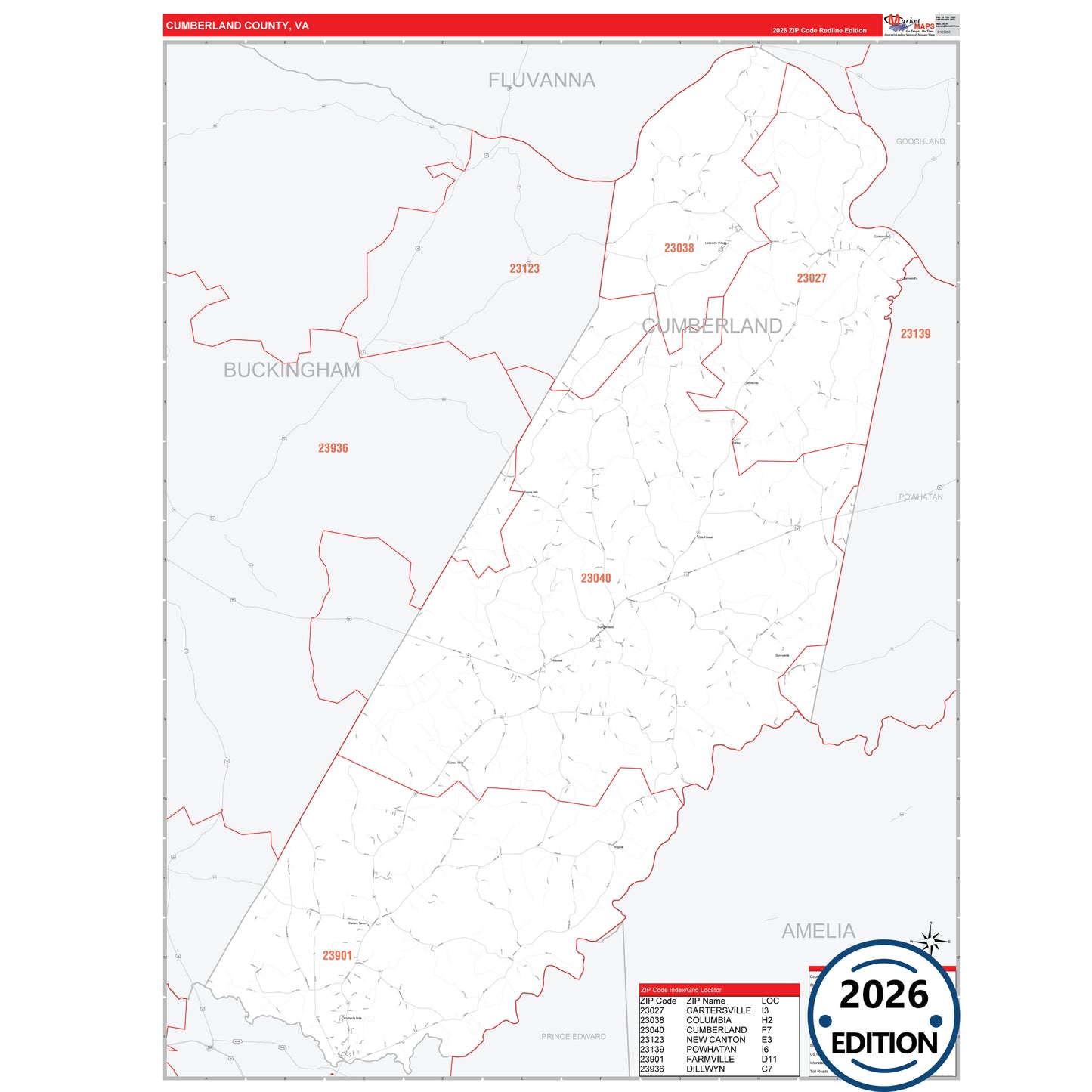 Cumberland County, VA Red Line 5 Digit ZIP Code Wall Map