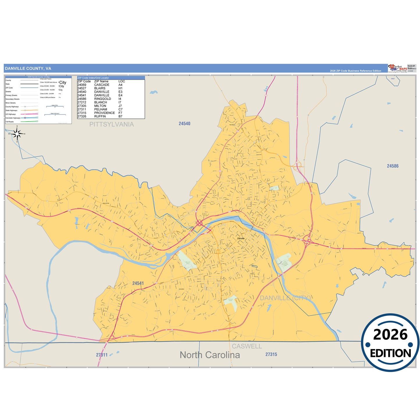 Danville County, VA Business Reference 5 Digit ZIP Code Wall Map