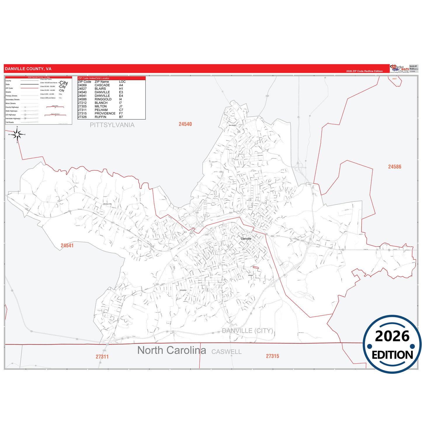 Danville County, VA Red Line 5 Digit ZIP Code Wall Map