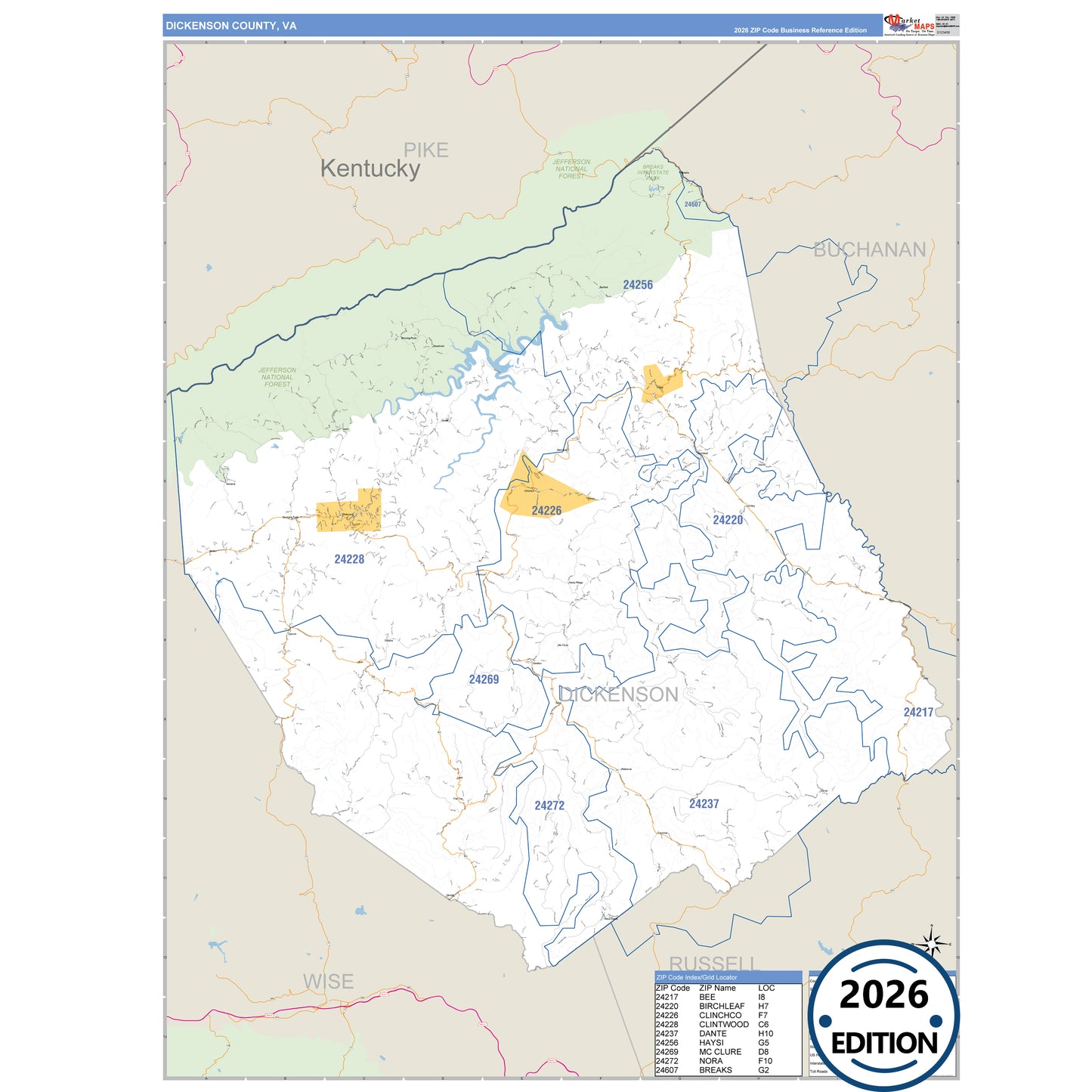 Dickenson County, VA Business Reference 5 Digit ZIP Code Wall Map