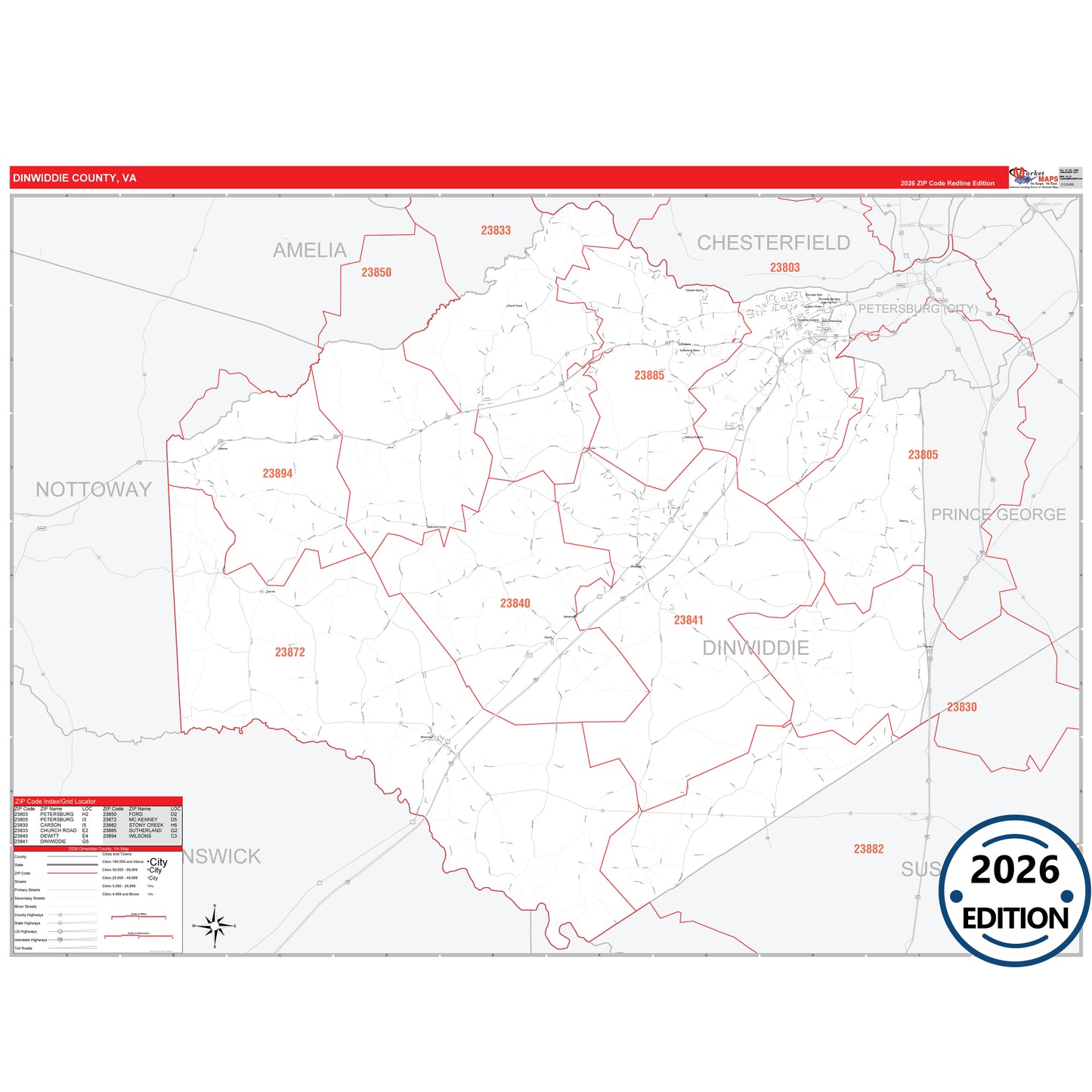 Dinwiddie County, VA Red Line 5 Digit ZIP Code Wall Map
