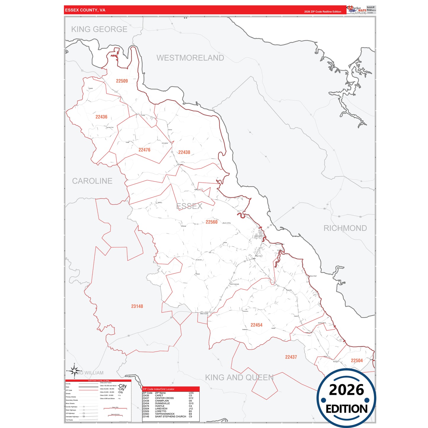 Essex County, VA Red Line 5 Digit ZIP Code Wall Map