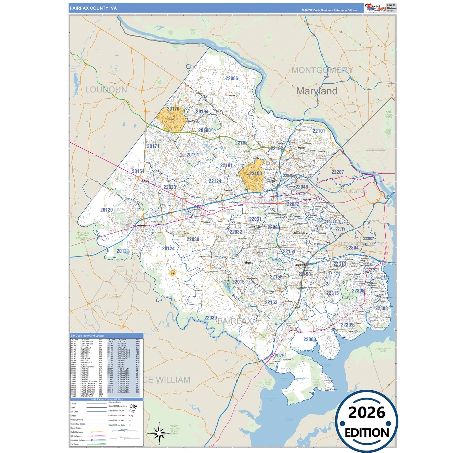 Fairfax County, VA Business Reference 5 Digit ZIP Code Wall Map