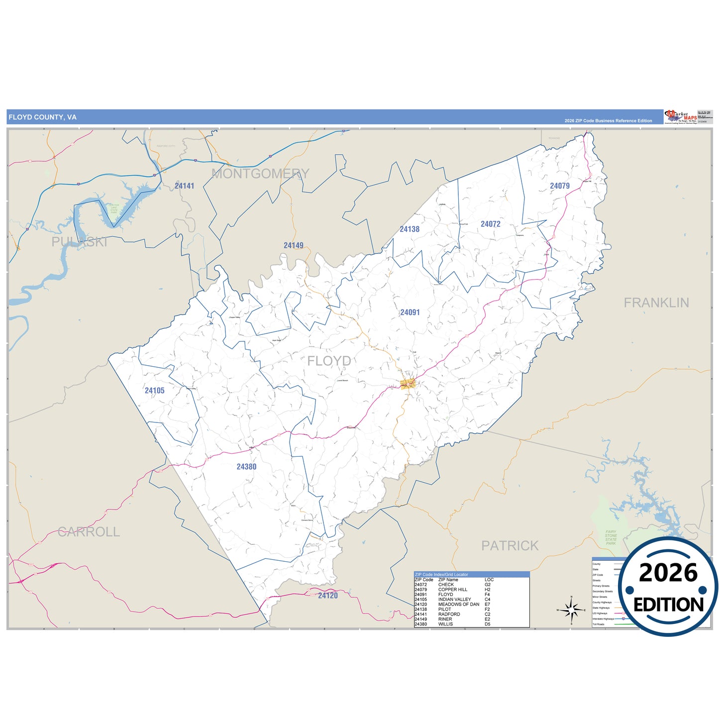 Floyd County, VA Business Reference 5 Digit ZIP Code Wall Map