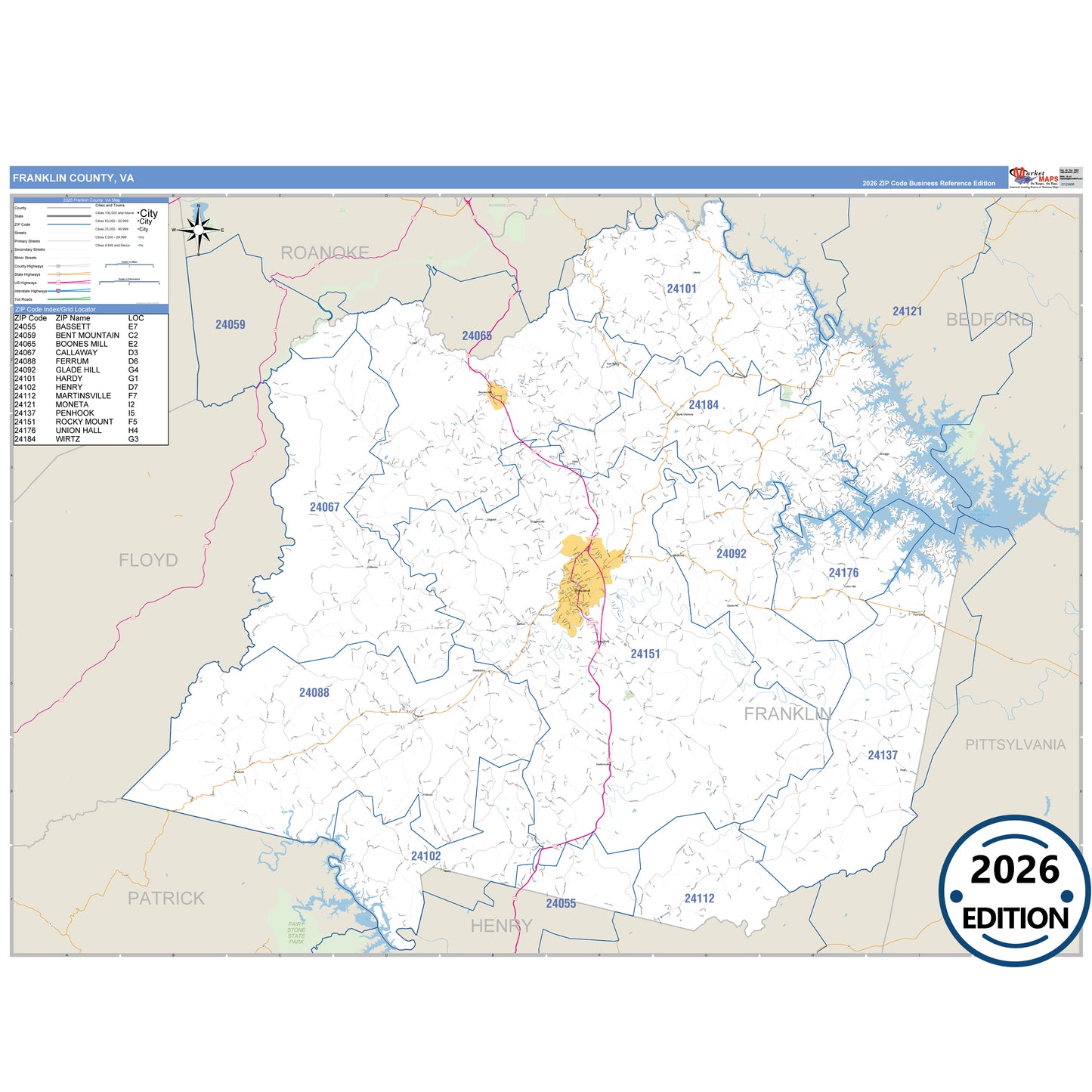 Franklin County, VA Business Reference 5 Digit ZIP Code Wall Map