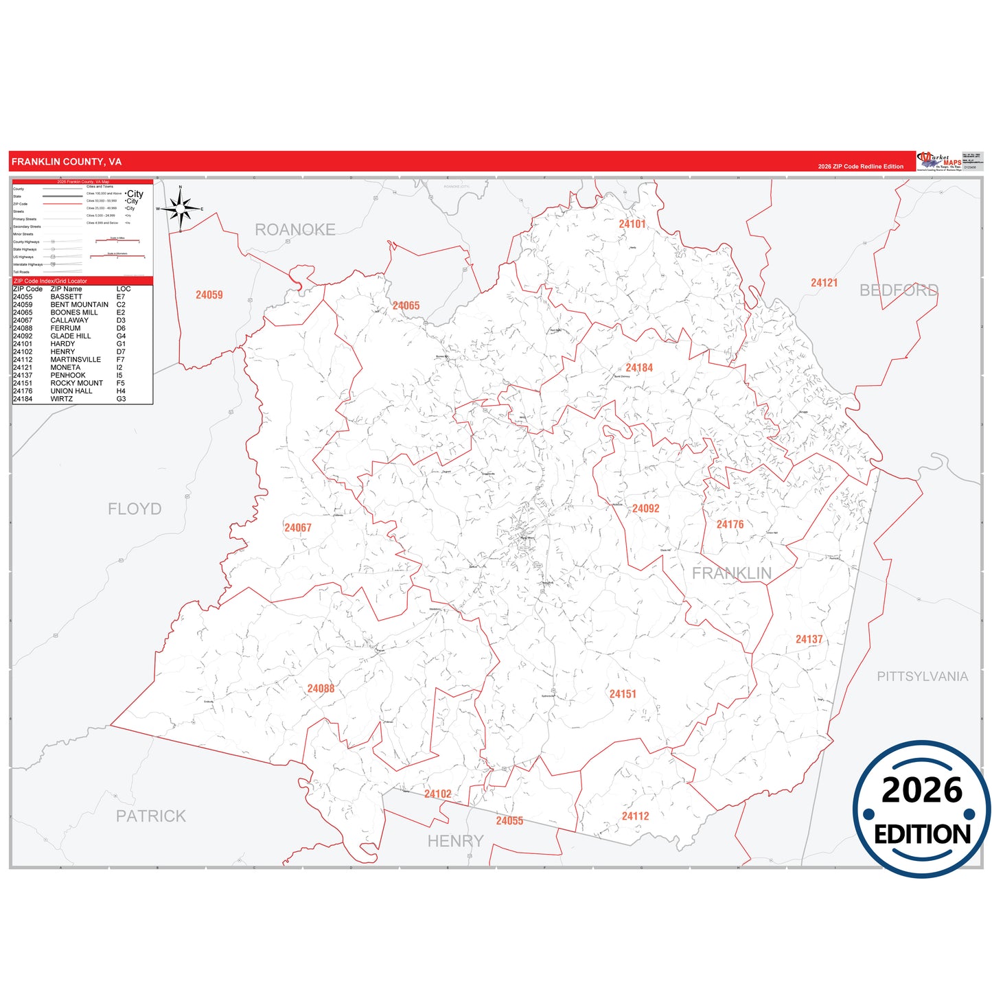 Franklin County, VA Red Line 5 Digit ZIP Code Wall Map