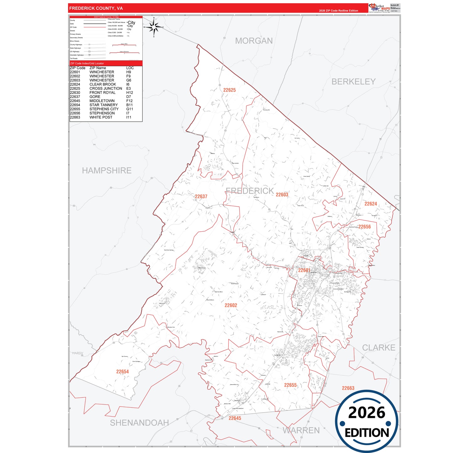 Frederick County, VA Red Line 5 Digit ZIP Code Wall Map