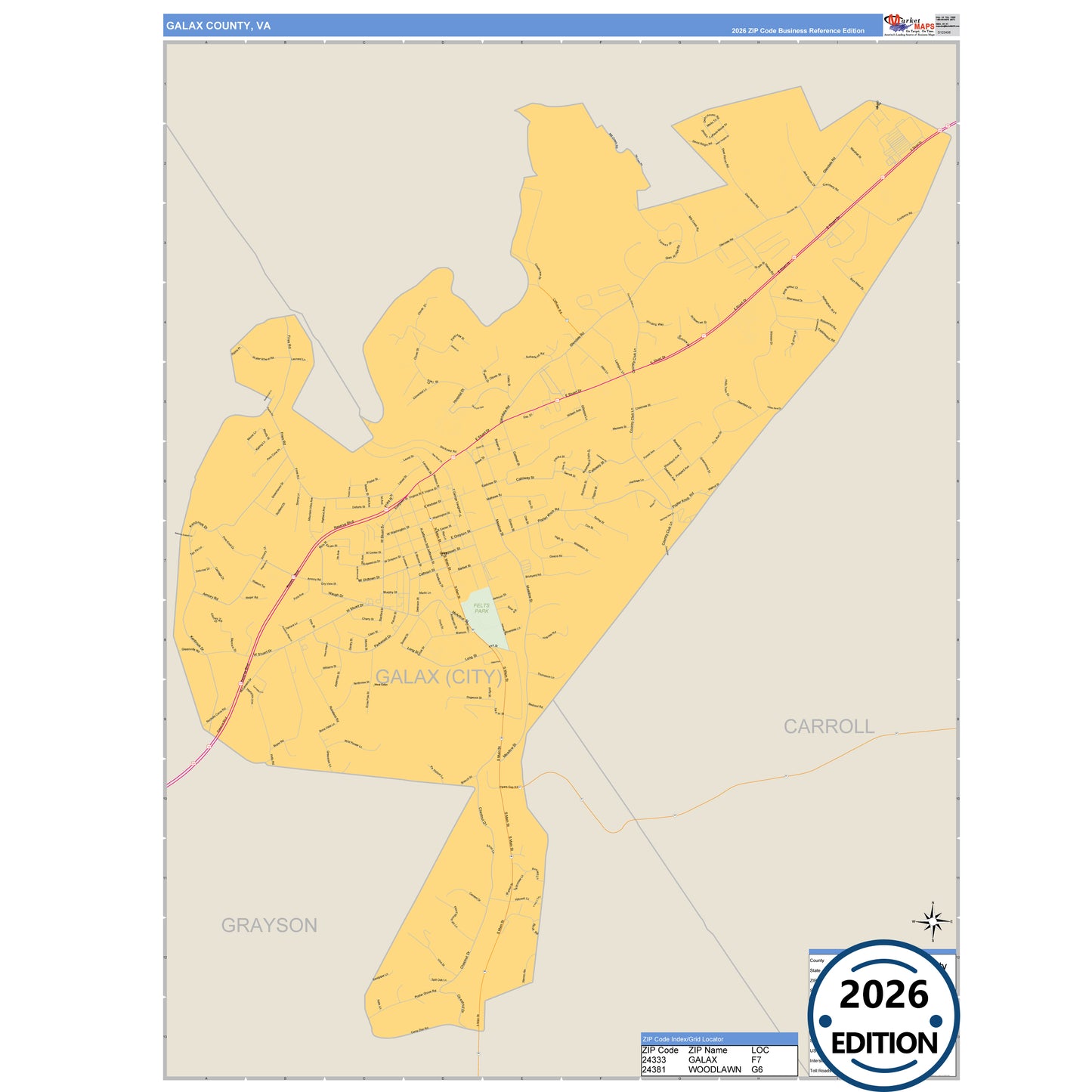 Galax County, VA Business Reference 5 Digit ZIP Code Wall Map