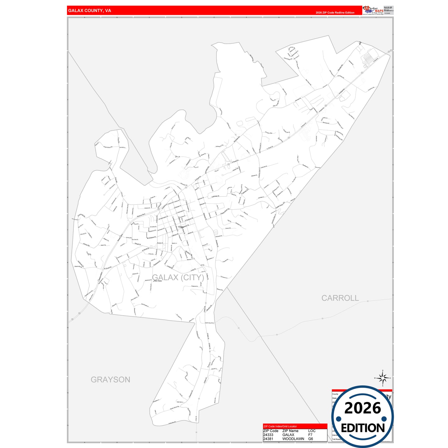 Galax County, VA Red Line 5 Digit ZIP Code Wall Map
